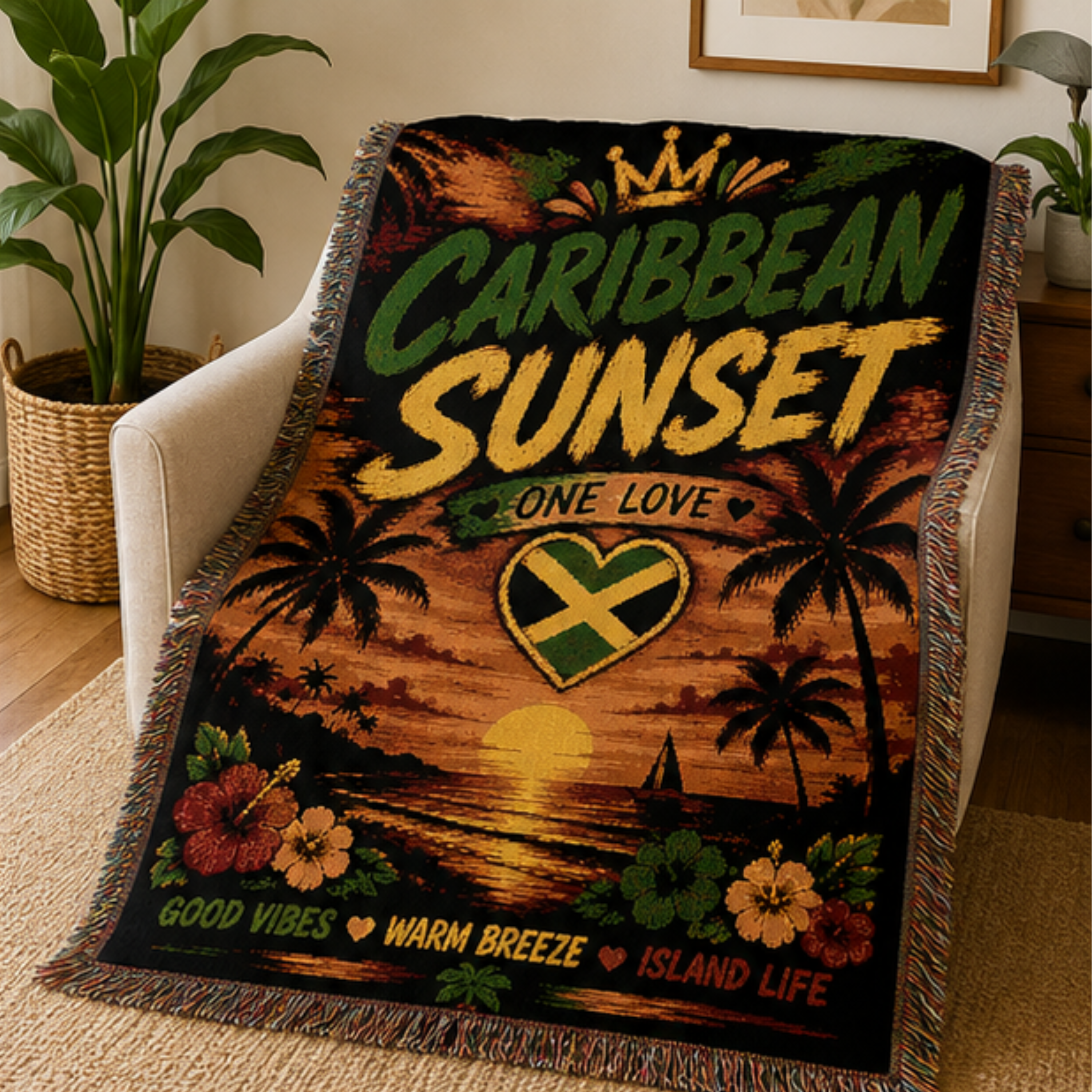 Caribbean Sunset One Love Woven Blanket | Tropical Beach Throw | Island Home Decor