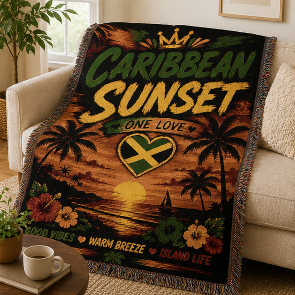 Caribbean Sunset One Love Woven Blanket | Tropical Beach Throw | Island Home Decor