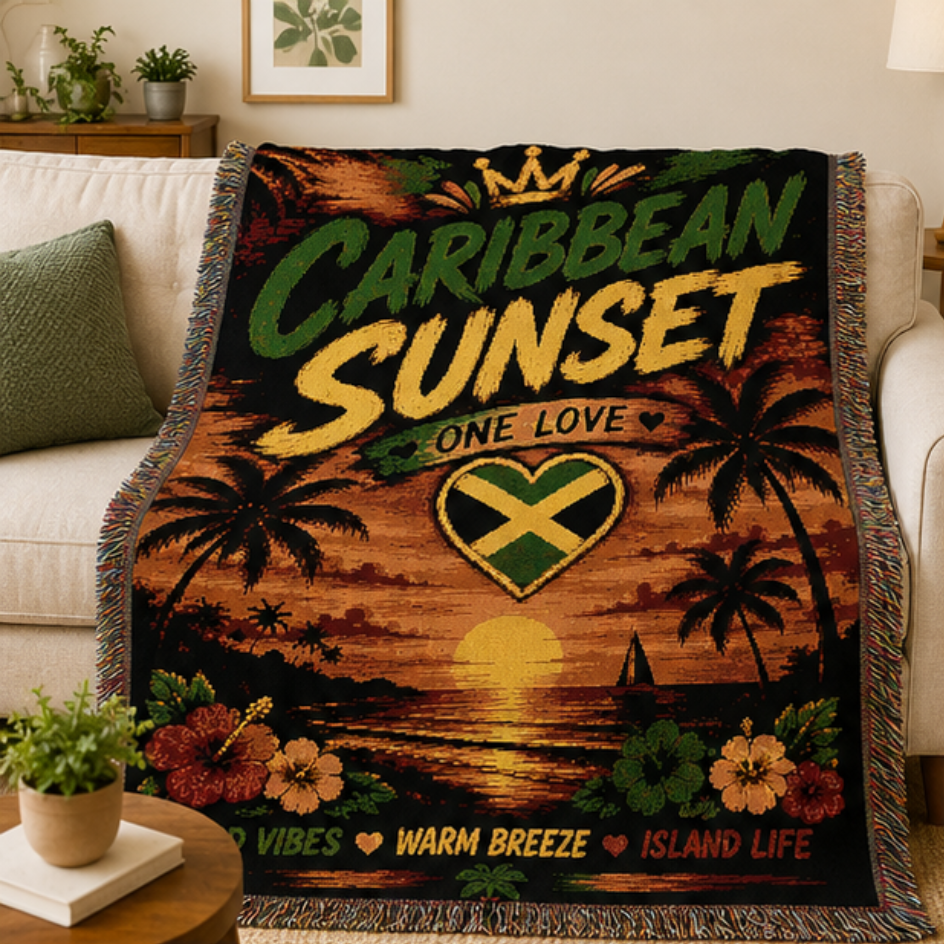 Caribbean Sunset One Love Woven Blanket | Tropical Beach Throw | Island Home Decor