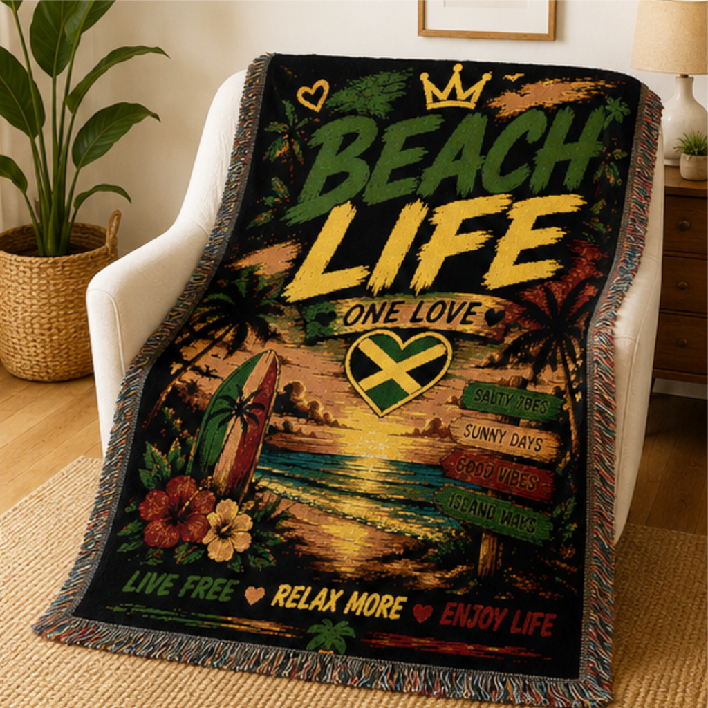 Beach Life One Love Woven Blanket | Caribbean Beach Throw | Tropical Home Decor