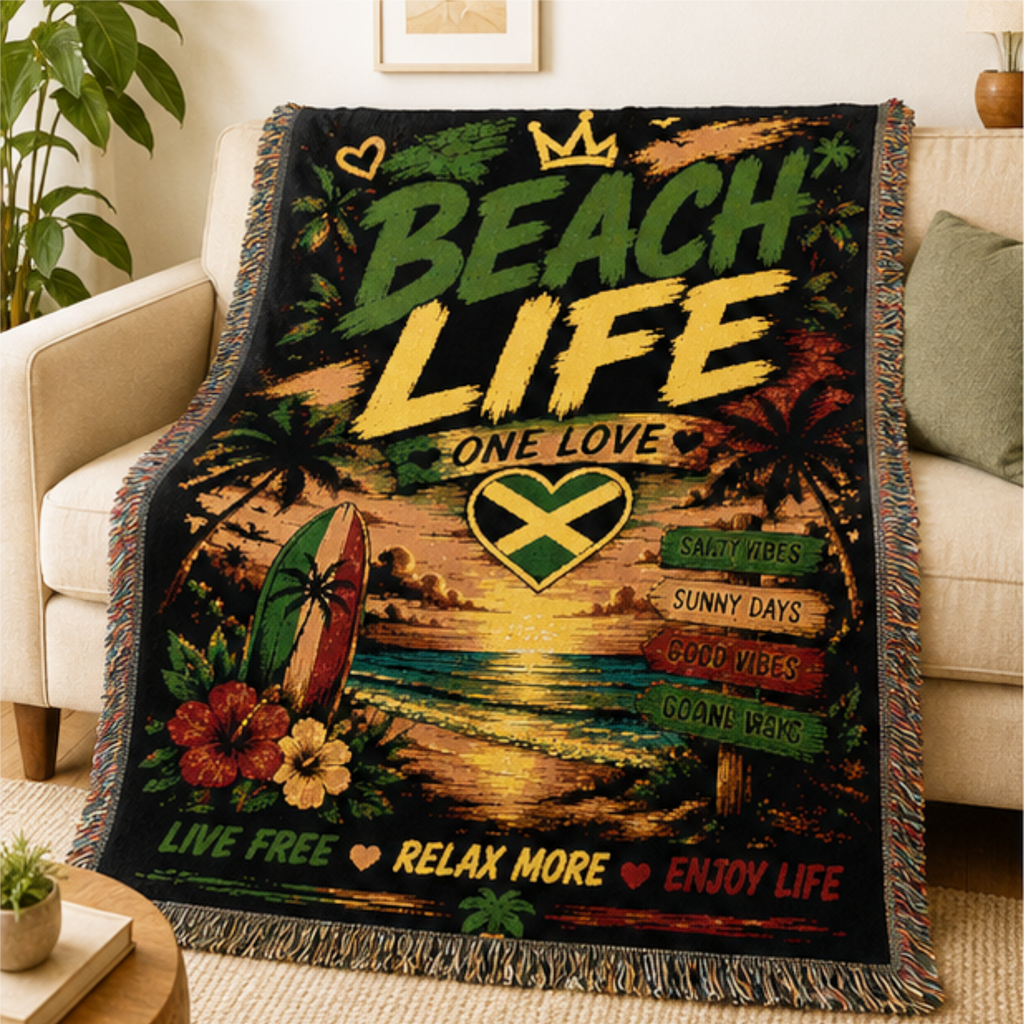 Beach Life One Love Woven Blanket | Caribbean Beach Throw | Tropical Home Decor