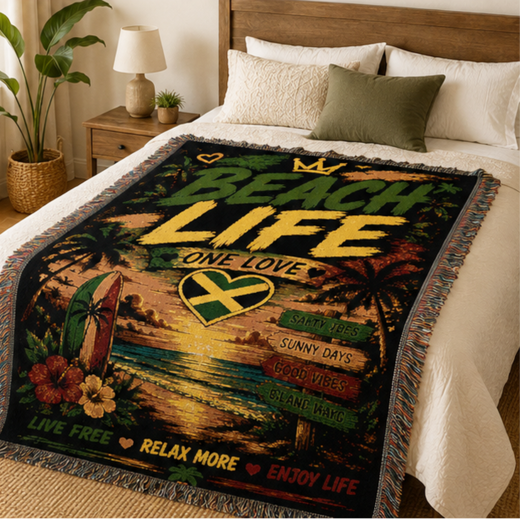 Beach Life One Love Woven Blanket | Caribbean Beach Throw | Tropical Home Decor
