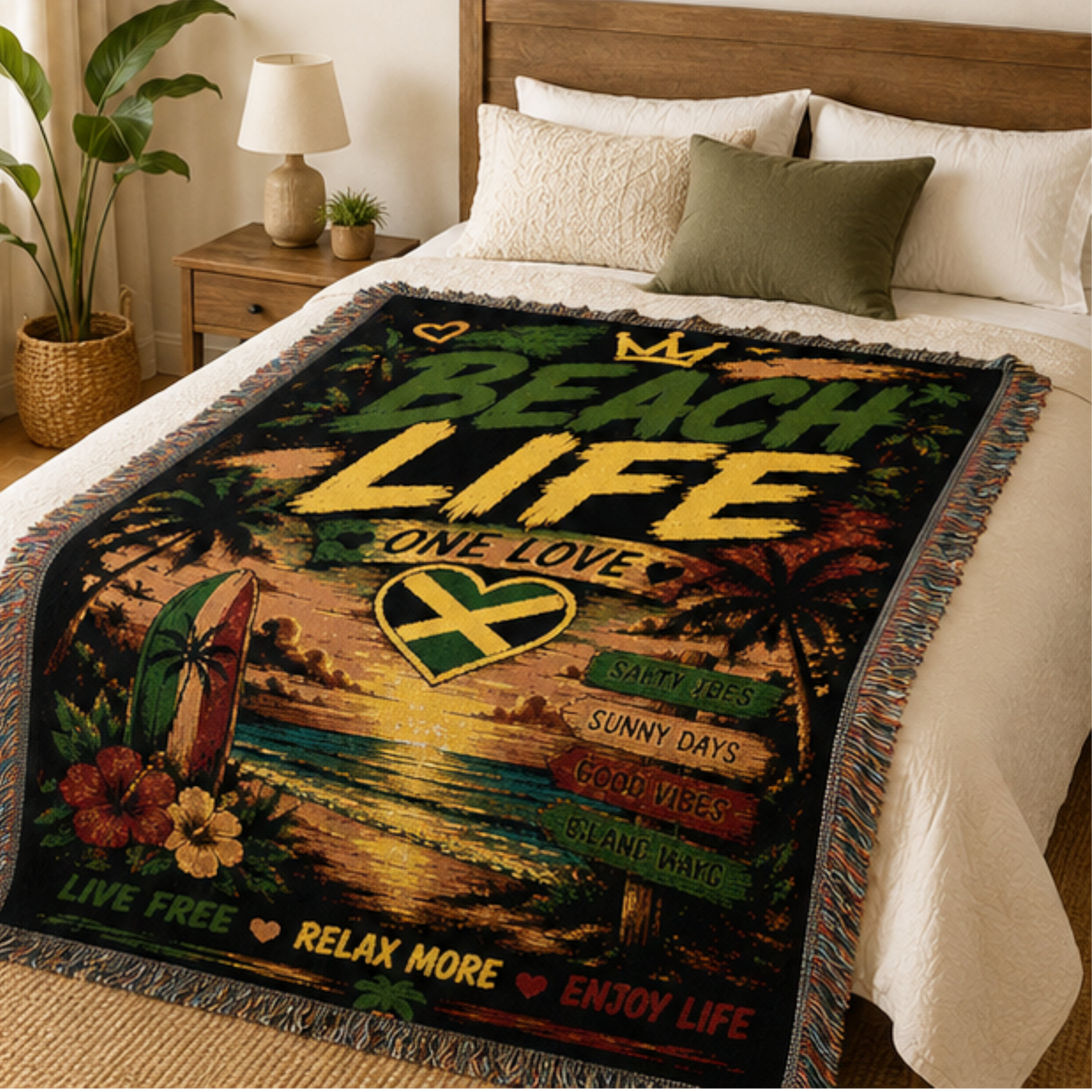 Beach Life One Love Woven Blanket | Caribbean Beach Throw | Tropical Home Decor