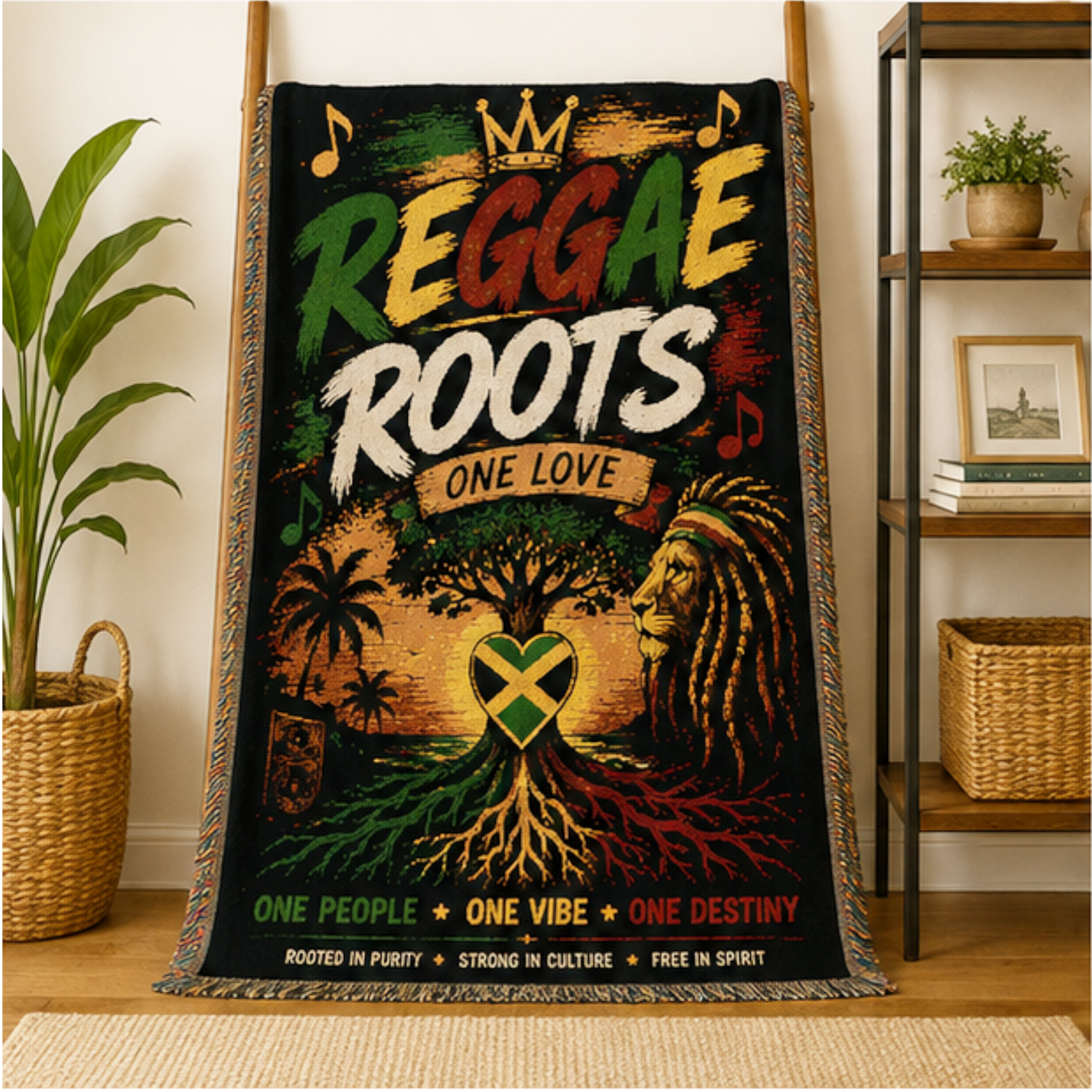 Reggae Roots One Love Woven Blanket | Jamaica Throw | Caribbean Home Decor