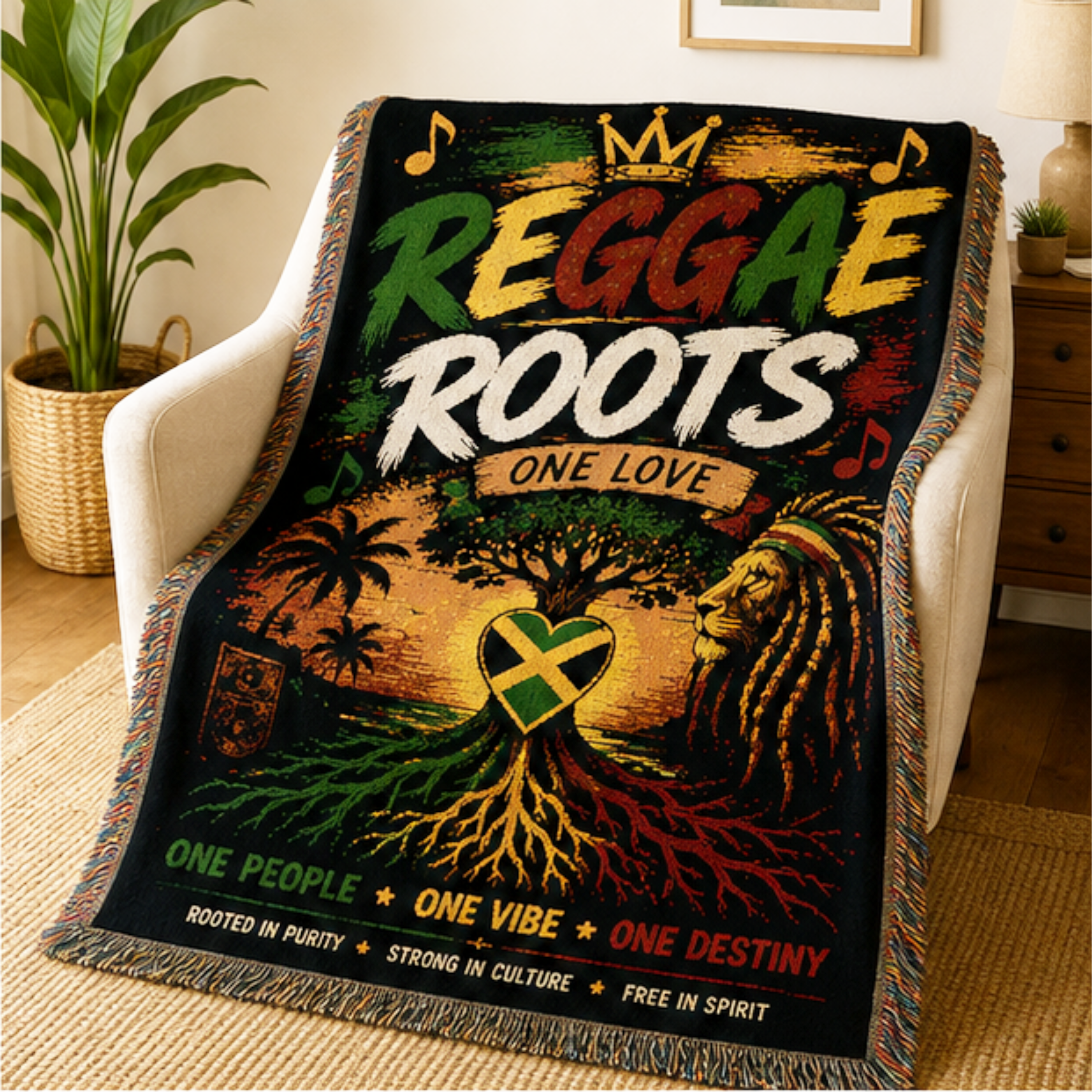 Reggae Roots One Love Woven Blanket | Jamaica Throw | Caribbean Home Decor