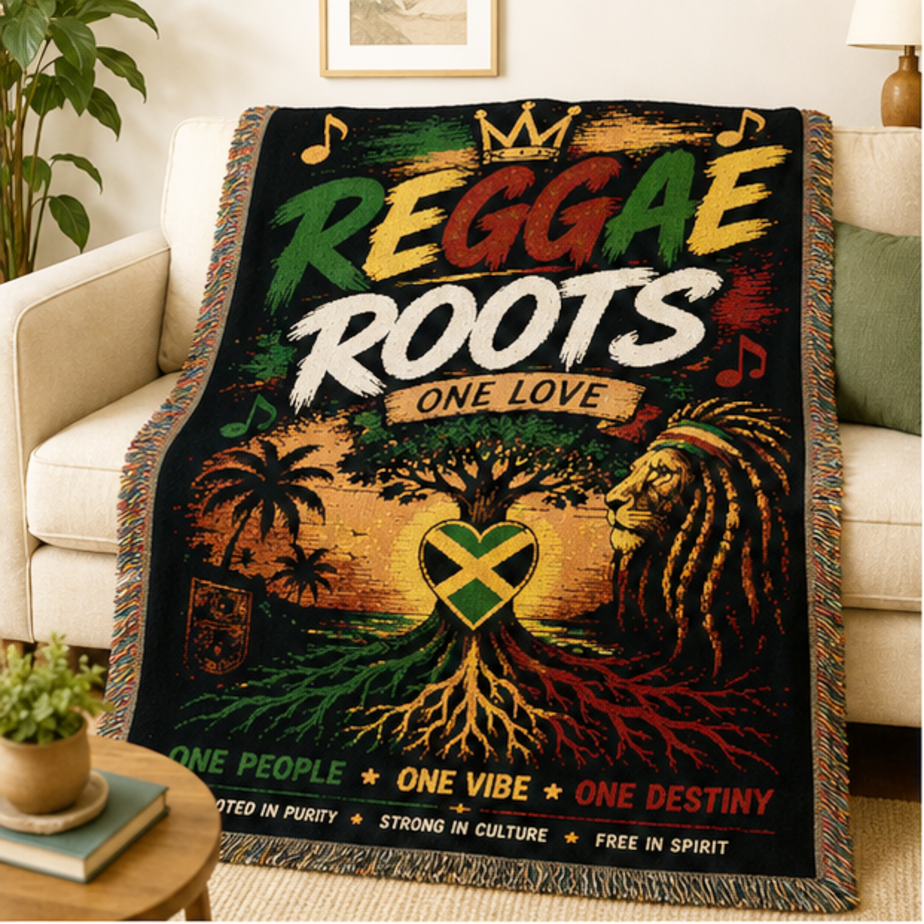 Reggae Roots One Love Woven Blanket | Jamaica Throw | Caribbean Home Decor