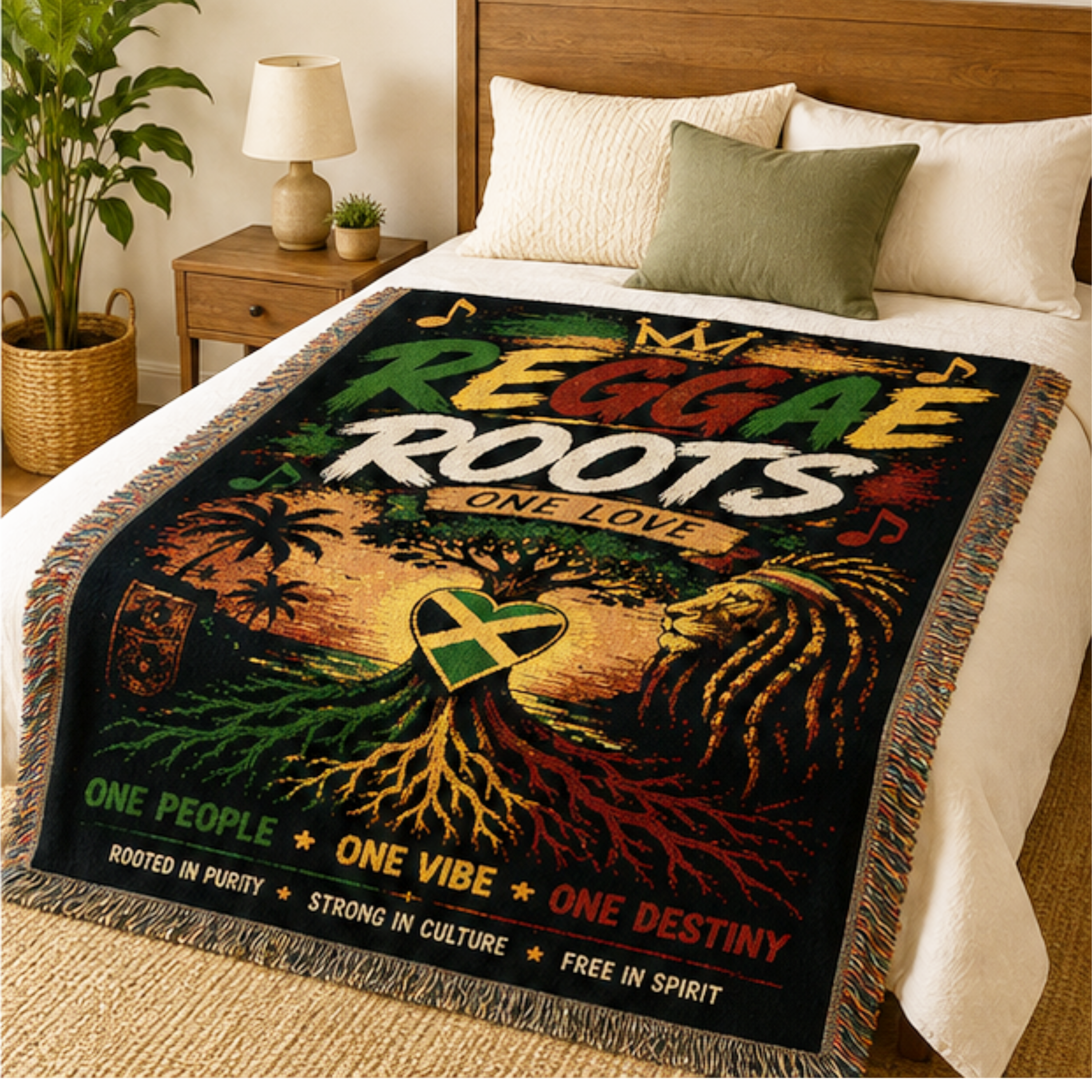Reggae Roots One Love woven blanket featuring a Lion of Judah, rooted Jamaican heart, tropical palm trees, reggae colors, and Caribbean-inspired artwork.