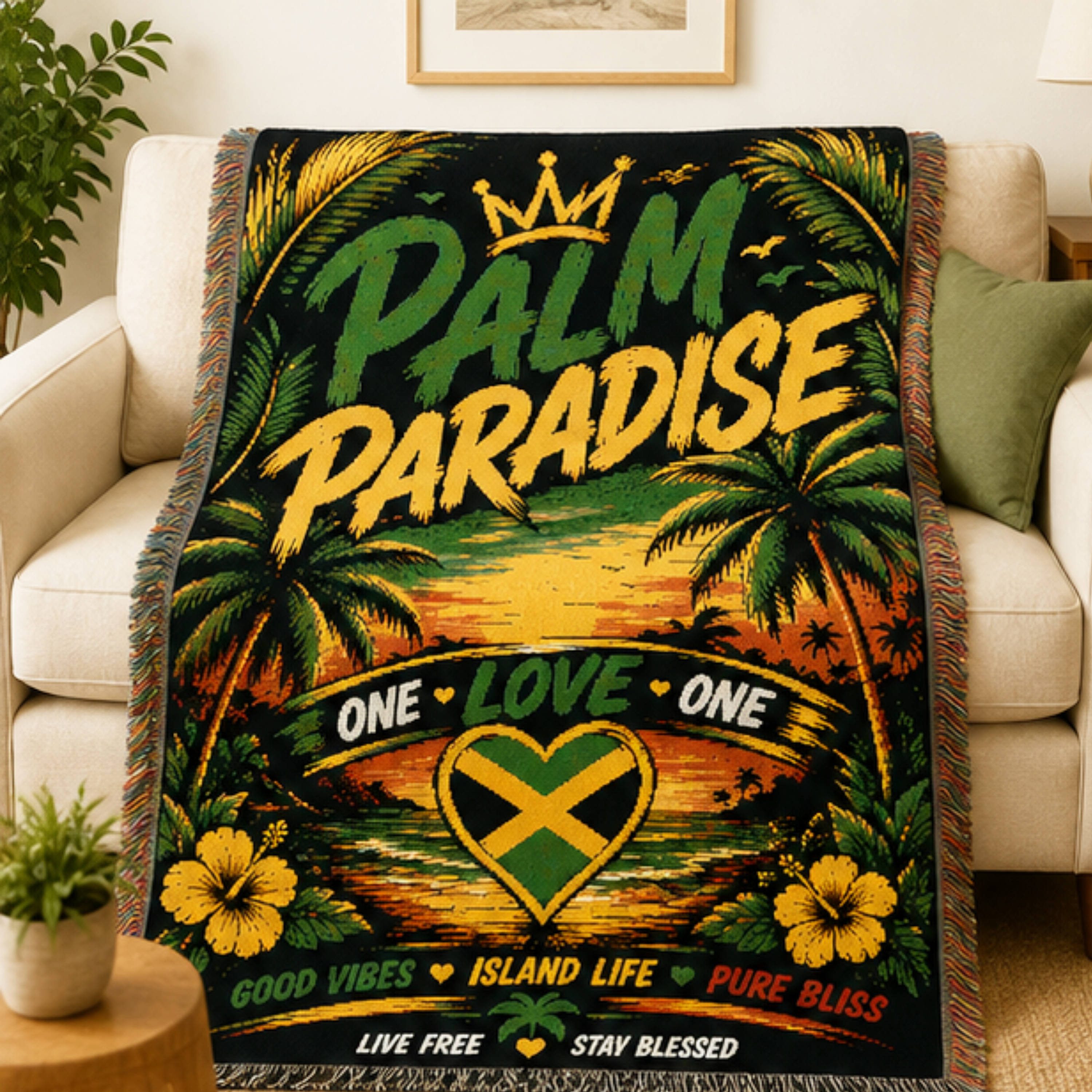 Palm Paradise One Love Woven Blanket | Tropical Caribbean Throw | Island Home Decor