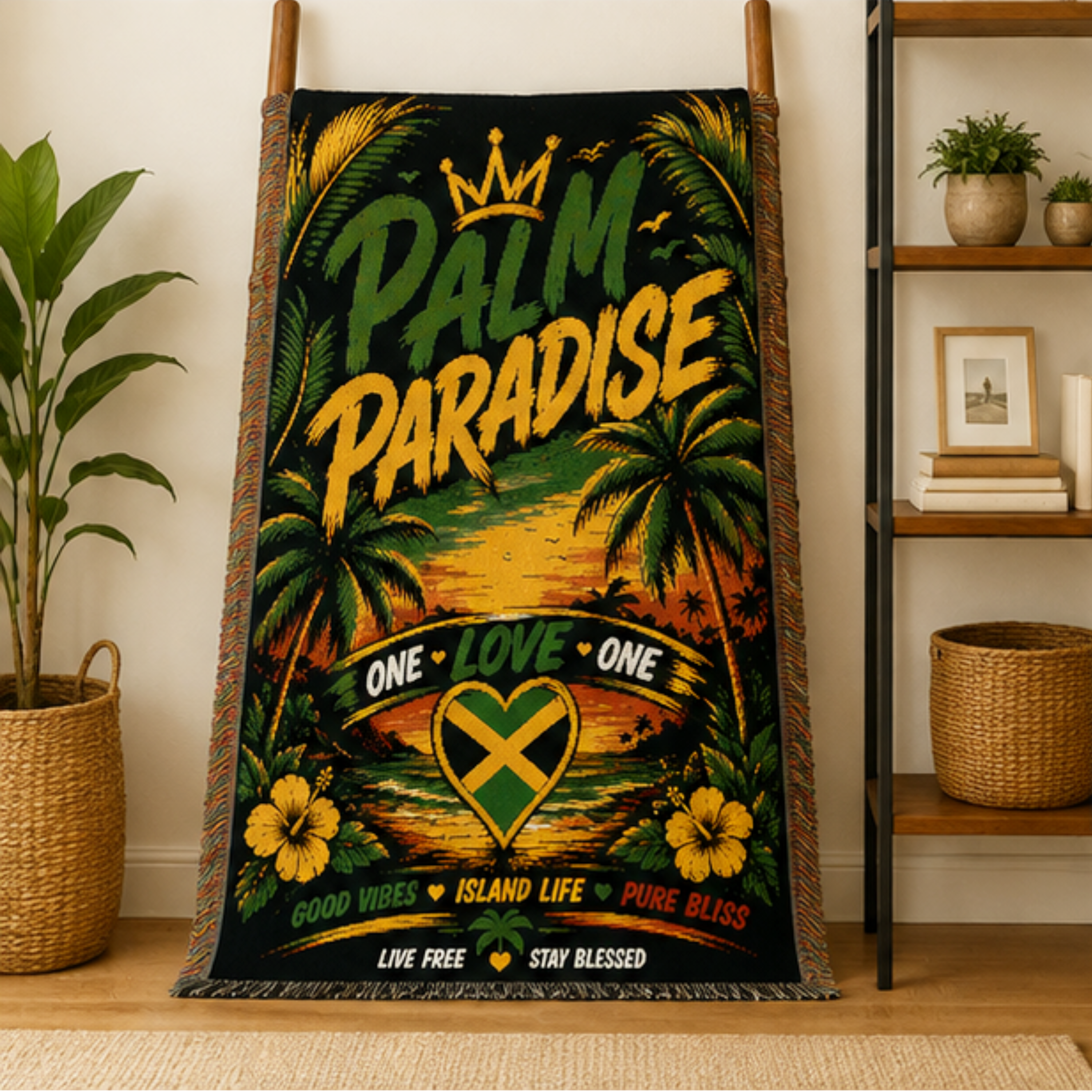 Palm Paradise One Love Woven Blanket | Tropical Caribbean Throw | Island Home Decor