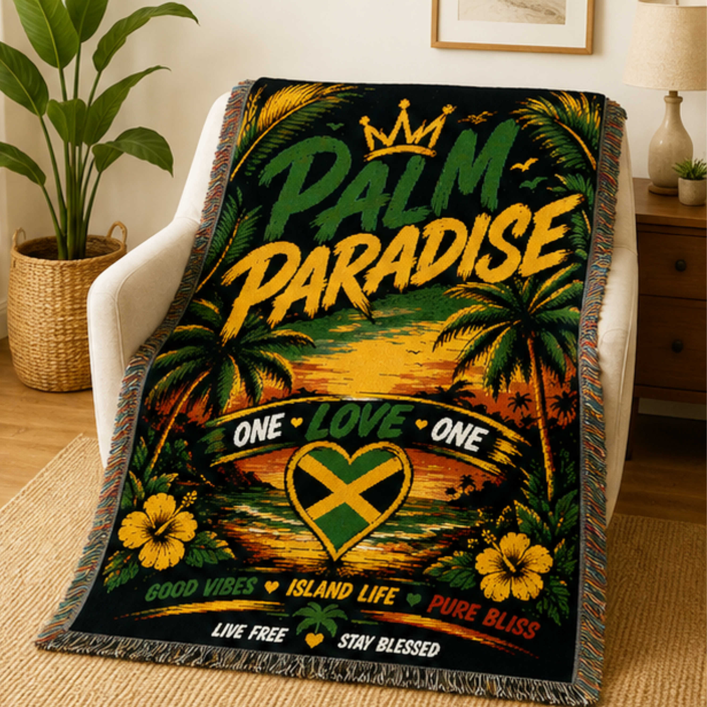 Palm Paradise One Love woven blanket featuring tropical palm trees, a Caribbean sunset, Jamaican heart design, hibiscus flowers, and vibrant island-inspired artwork.