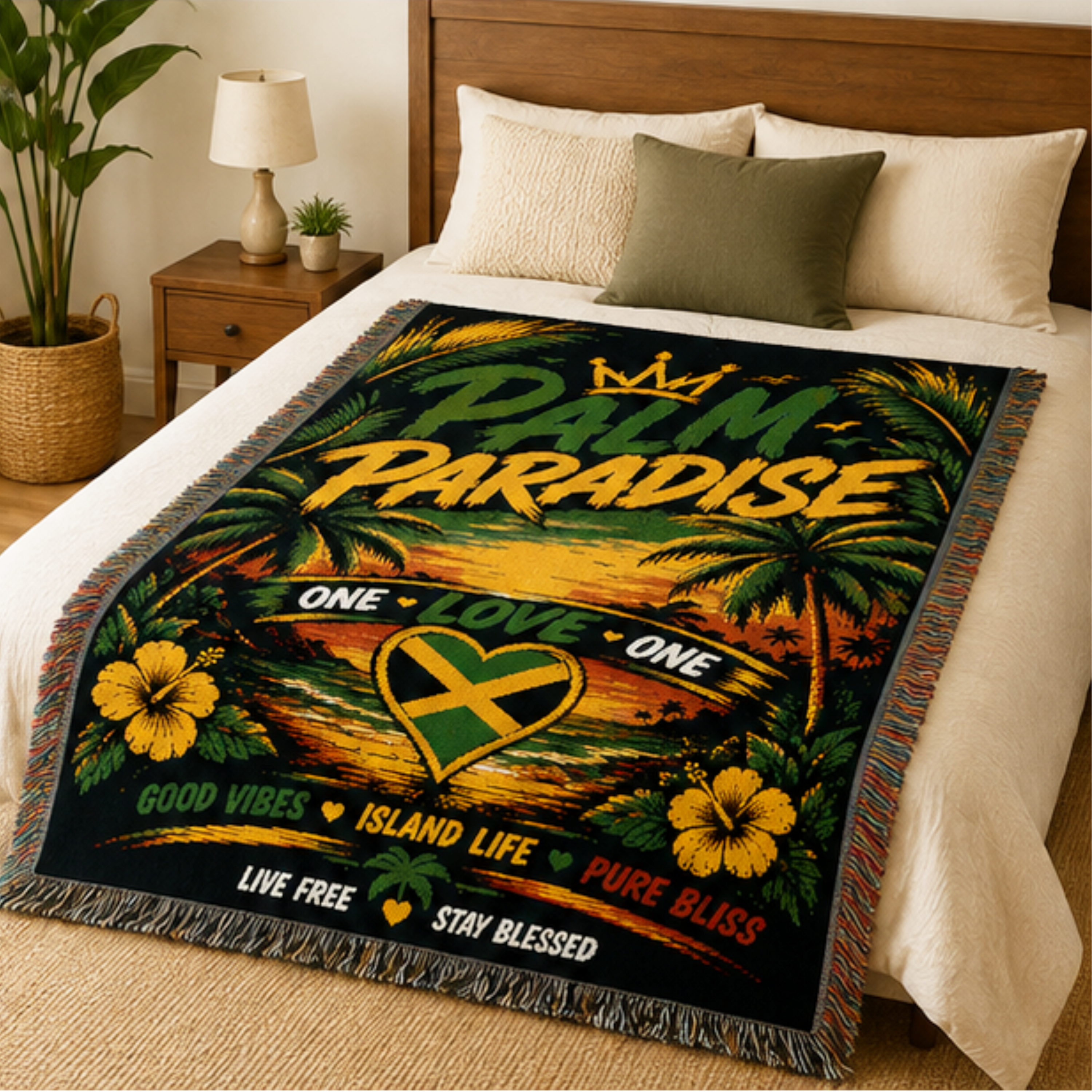 Palm Paradise One Love Woven Blanket | Tropical Caribbean Throw | Island Home Decor