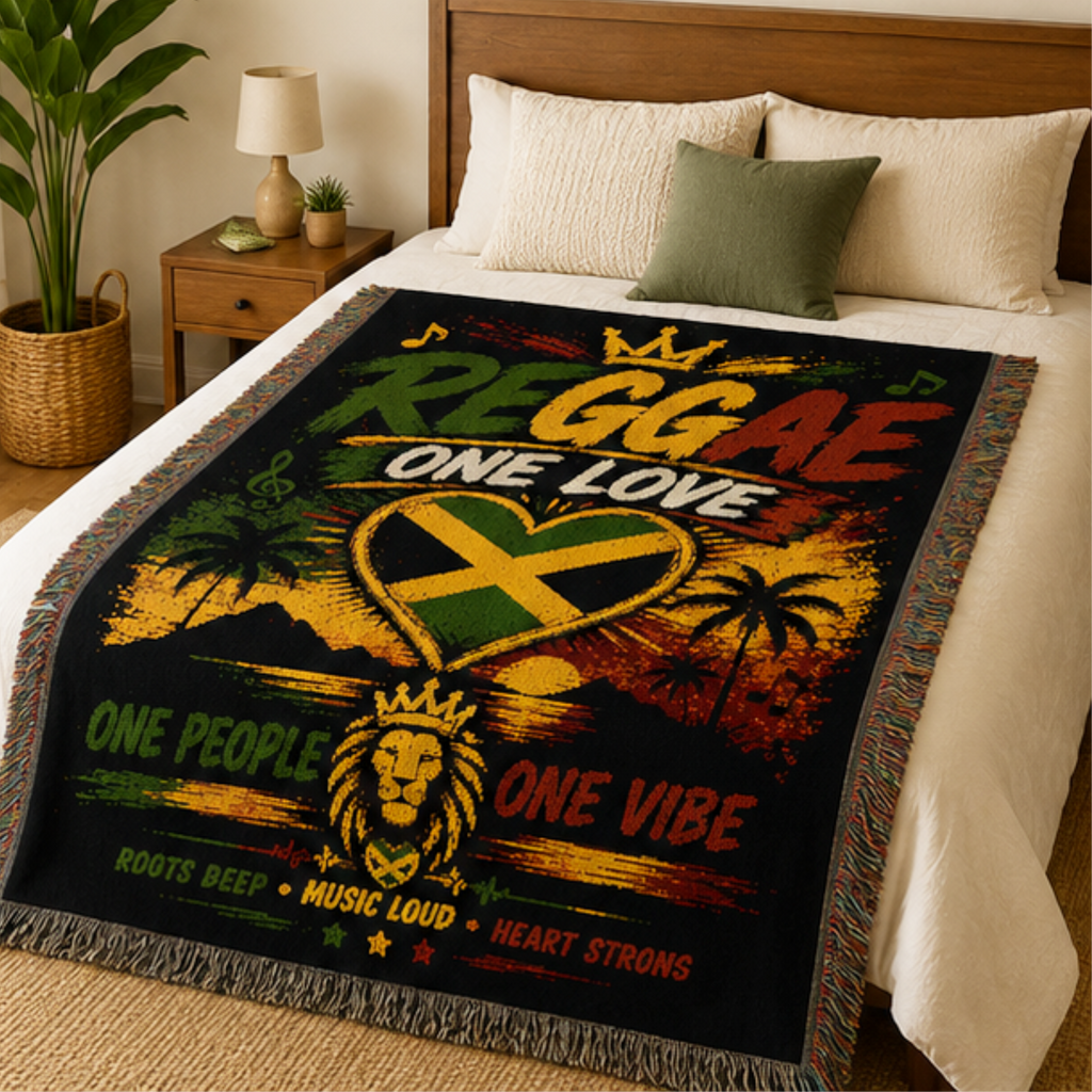 Reggae One Love Woven Blanket | Jamaica Throw | Caribbean Home Decor