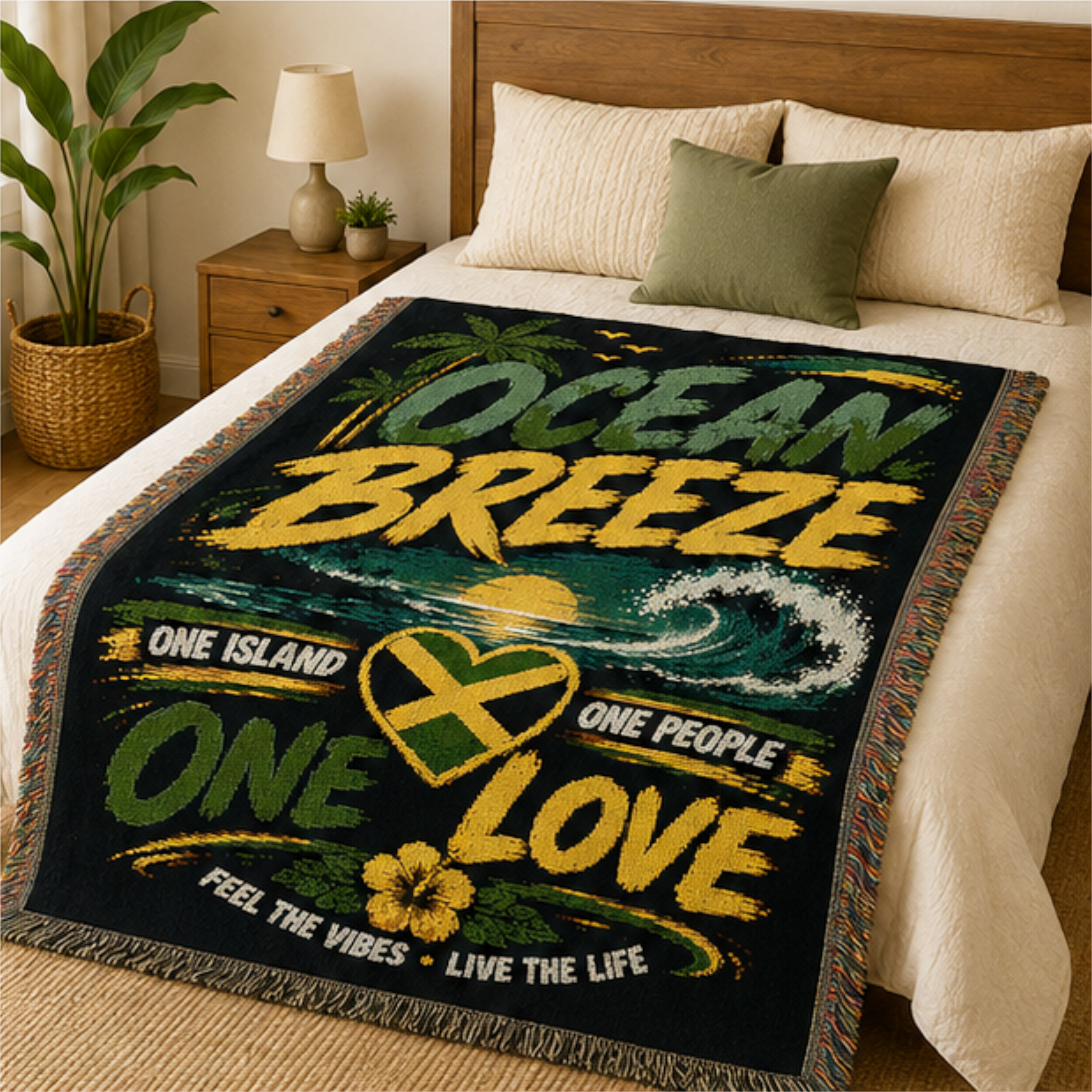 Ocean Breeze One Love Woven Blanket | Caribbean Beach Throw | Tropical Home Decor