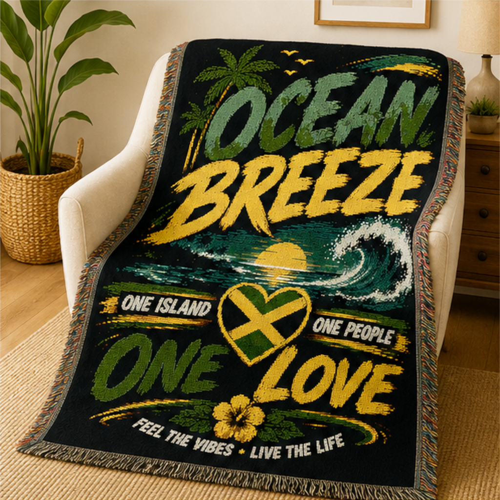 Ocean Breeze One Love Woven Blanket | Caribbean Beach Throw | Tropical Home Decor