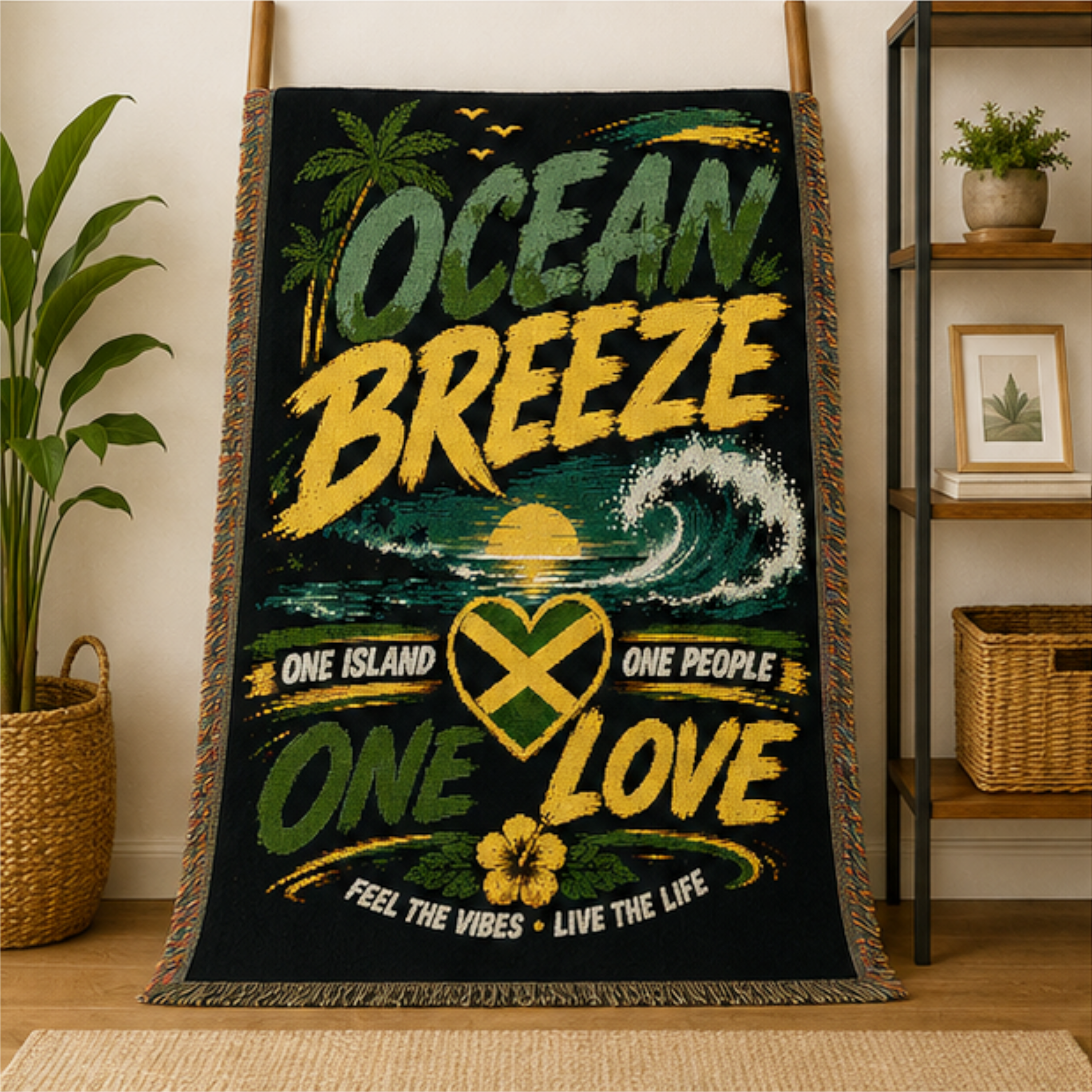 Ocean Breeze One Love Woven Blanket | Caribbean Beach Throw | Tropical Home Decor