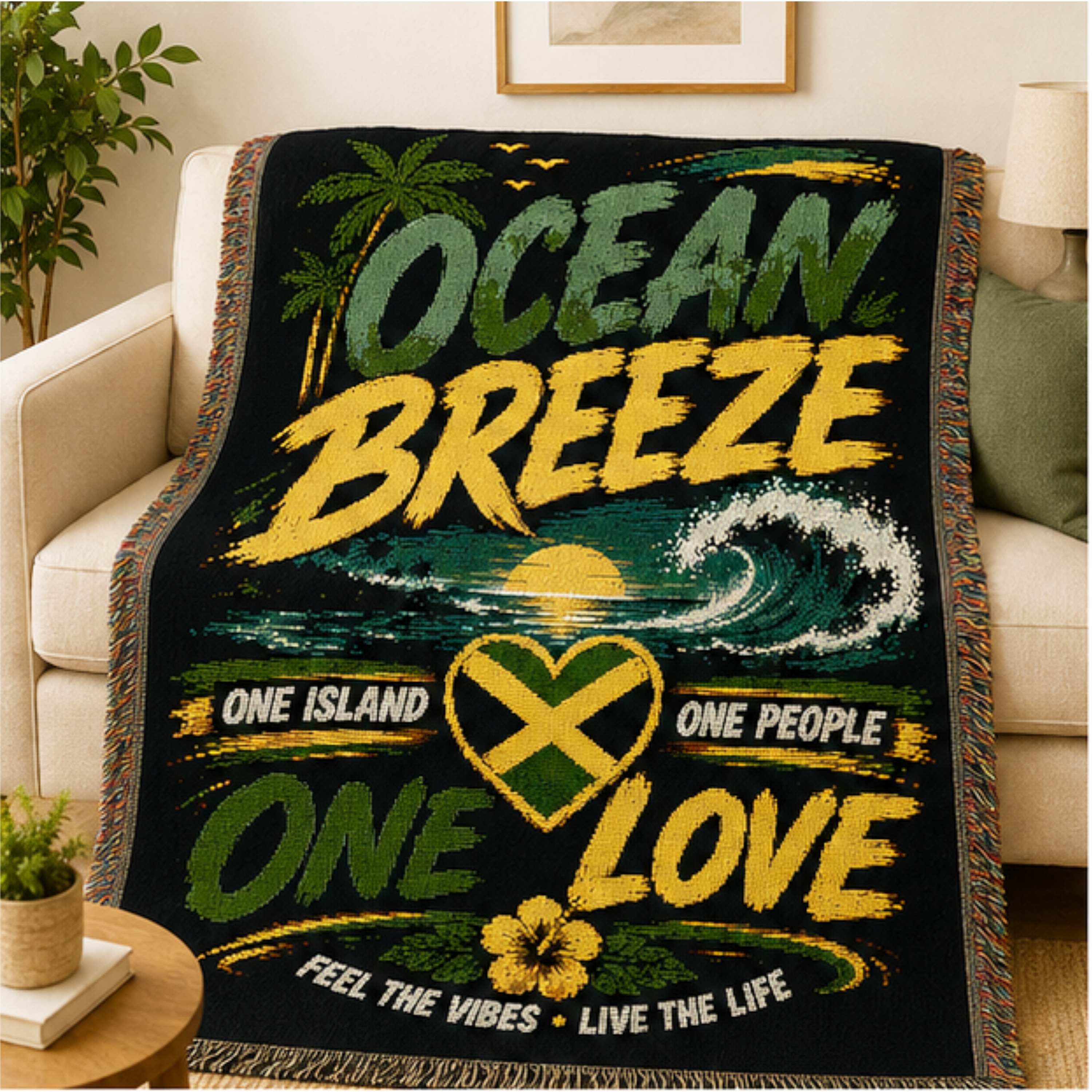 Ocean Breeze One Love woven blanket featuring ocean waves, tropical palm trees, Caribbean sunset, Jamaican heart design, and vibrant island-inspired artwork.