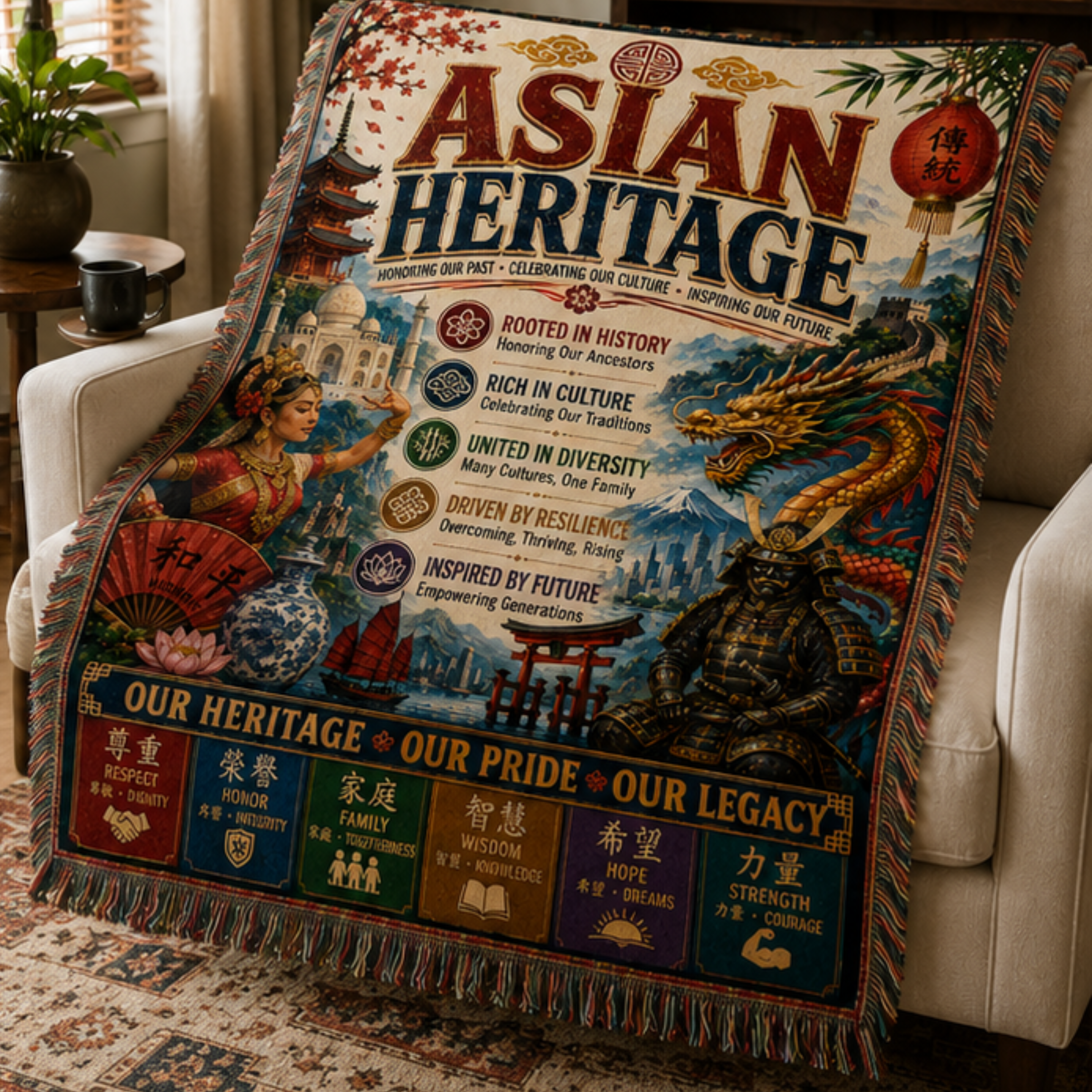 Asian Heritage woven blanket featuring traditional Asian landmarks, dragon, samurai, cherry blossoms, lanterns, and inspirational cultural messages displayed in elegant living room and bedroom settings.