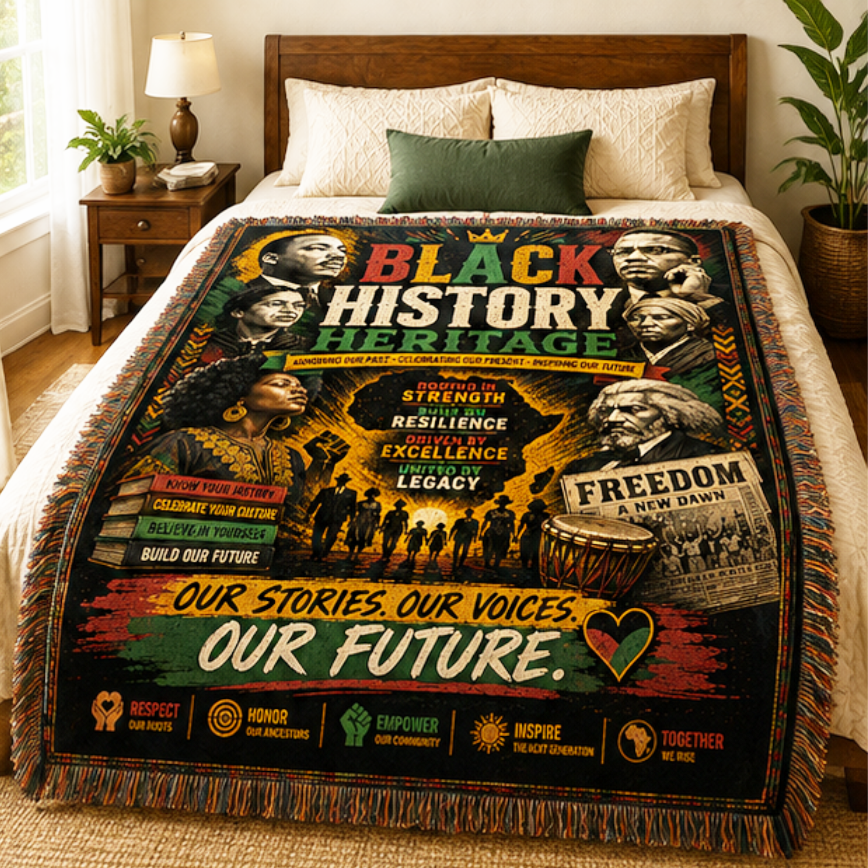 Black History Heritage Woven Blanket | African American Heritage Throw | Inspirational Cultural Tapestry | Wall Hanging | Home Décor Gift