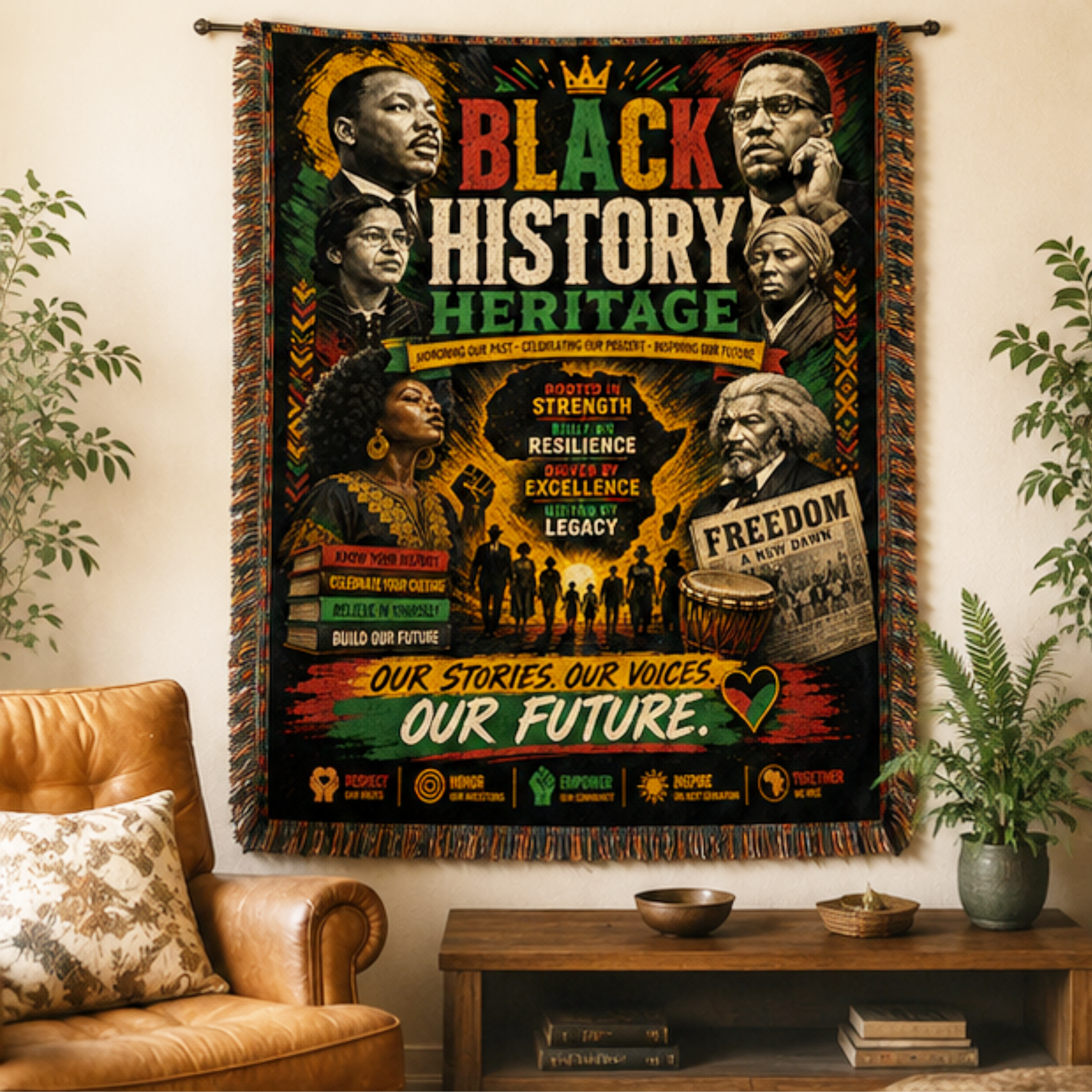 Black History Heritage Woven Blanket | African American Heritage Throw | Inspirational Cultural Tapestry | Wall Hanging | Home Décor Gift