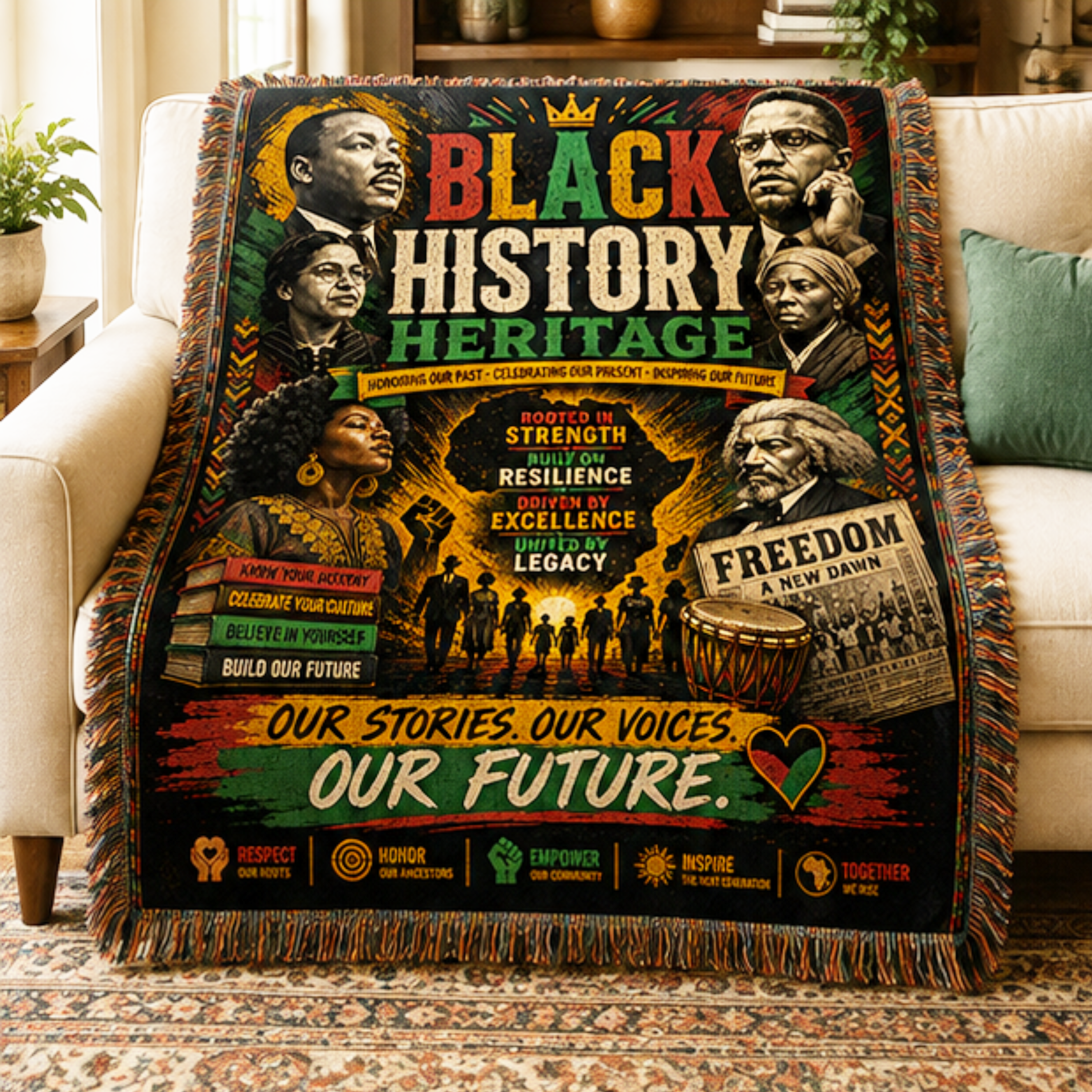 Black History Heritage Woven Blanket | African American Heritage Throw | Inspirational Cultural Tapestry | Wall Hanging | Home Décor Gift