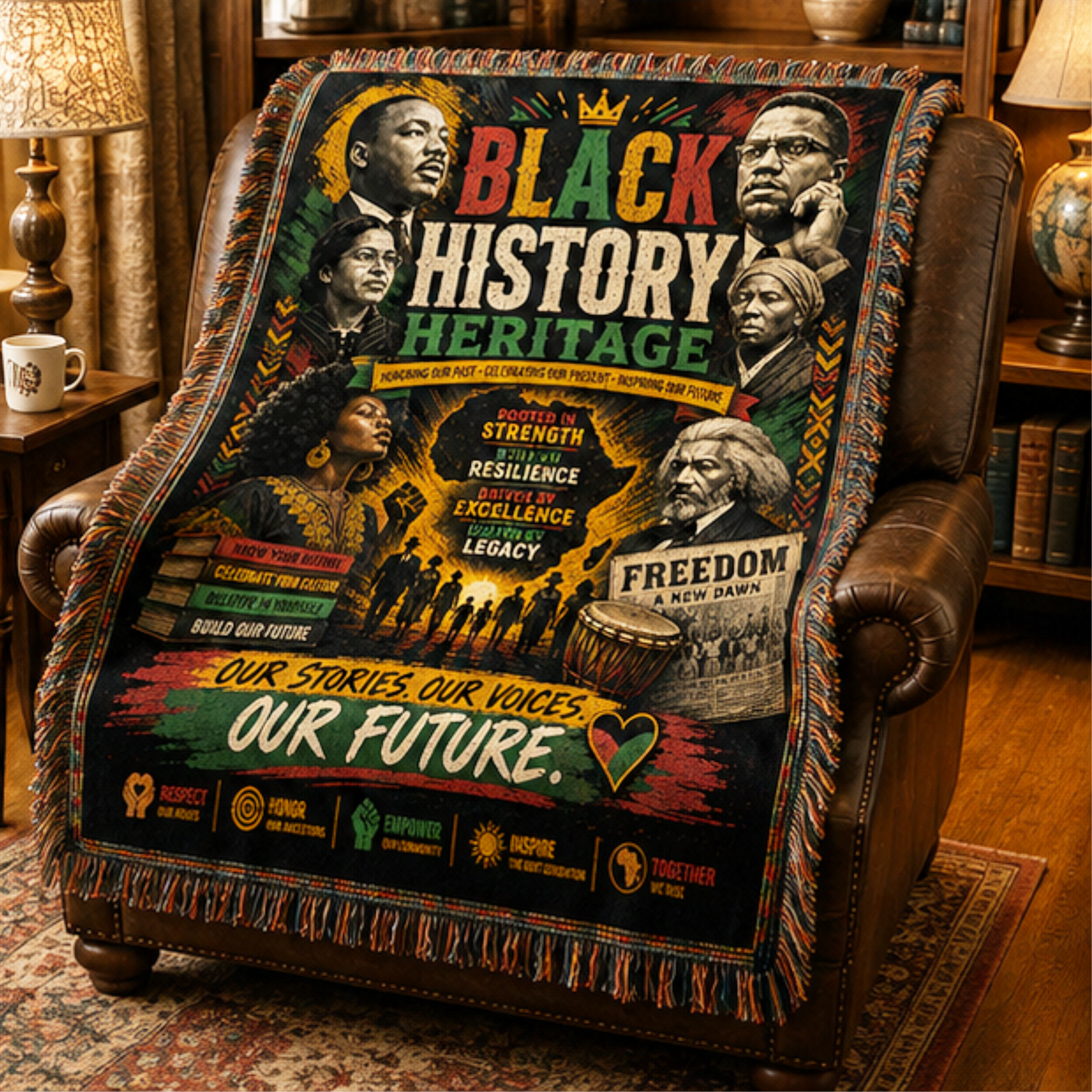 Black History Heritage woven blanket featuring inspirational African American leaders, Pan-African colors, empowering messages, and cultural artwork displayed as a decorative throw and wall tapestry.