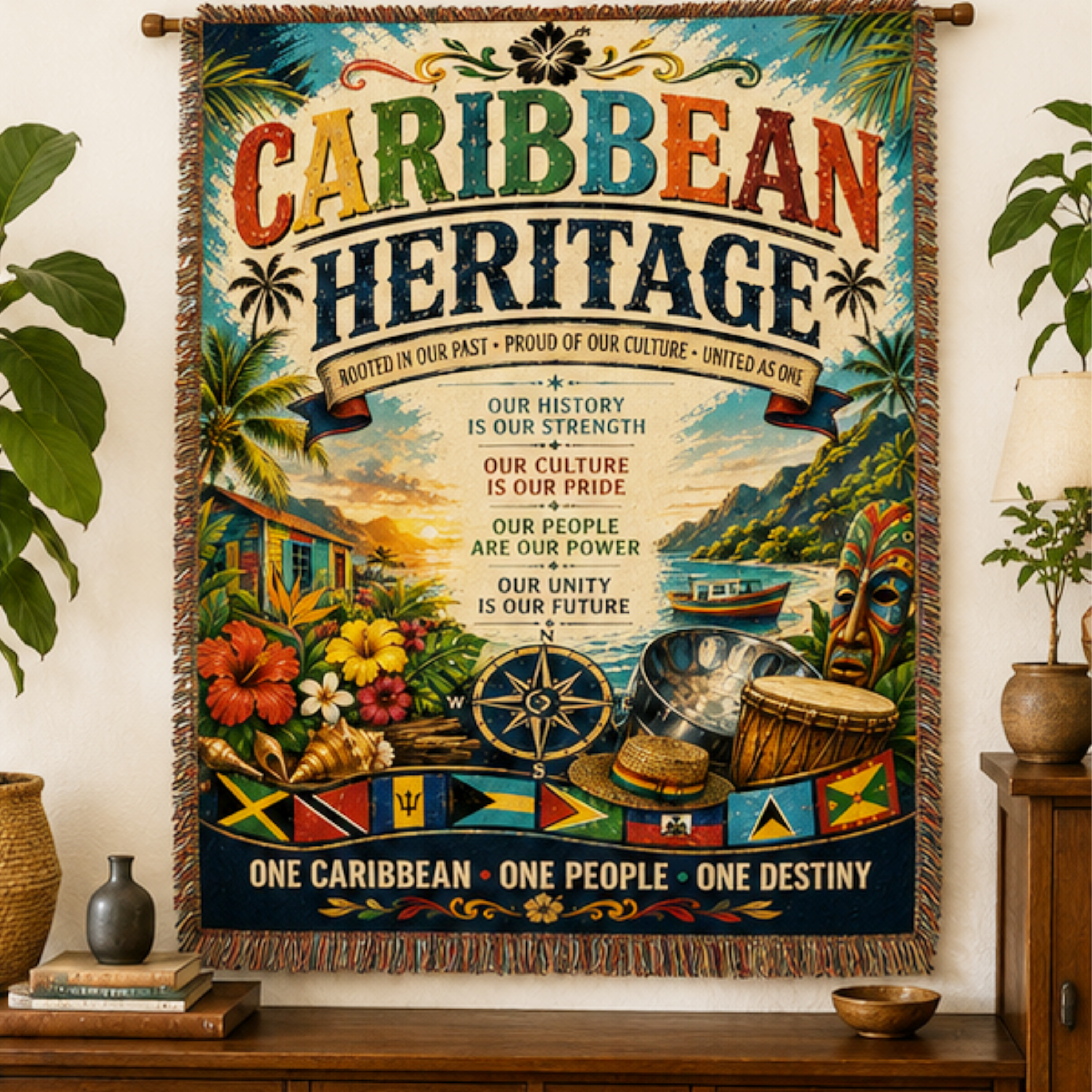 Caribbean Heritage Woven Blanket | Caribbean Culture Throw Blanket | Island Home Décor | Heritage Wall Tapestry | Cultural Gift