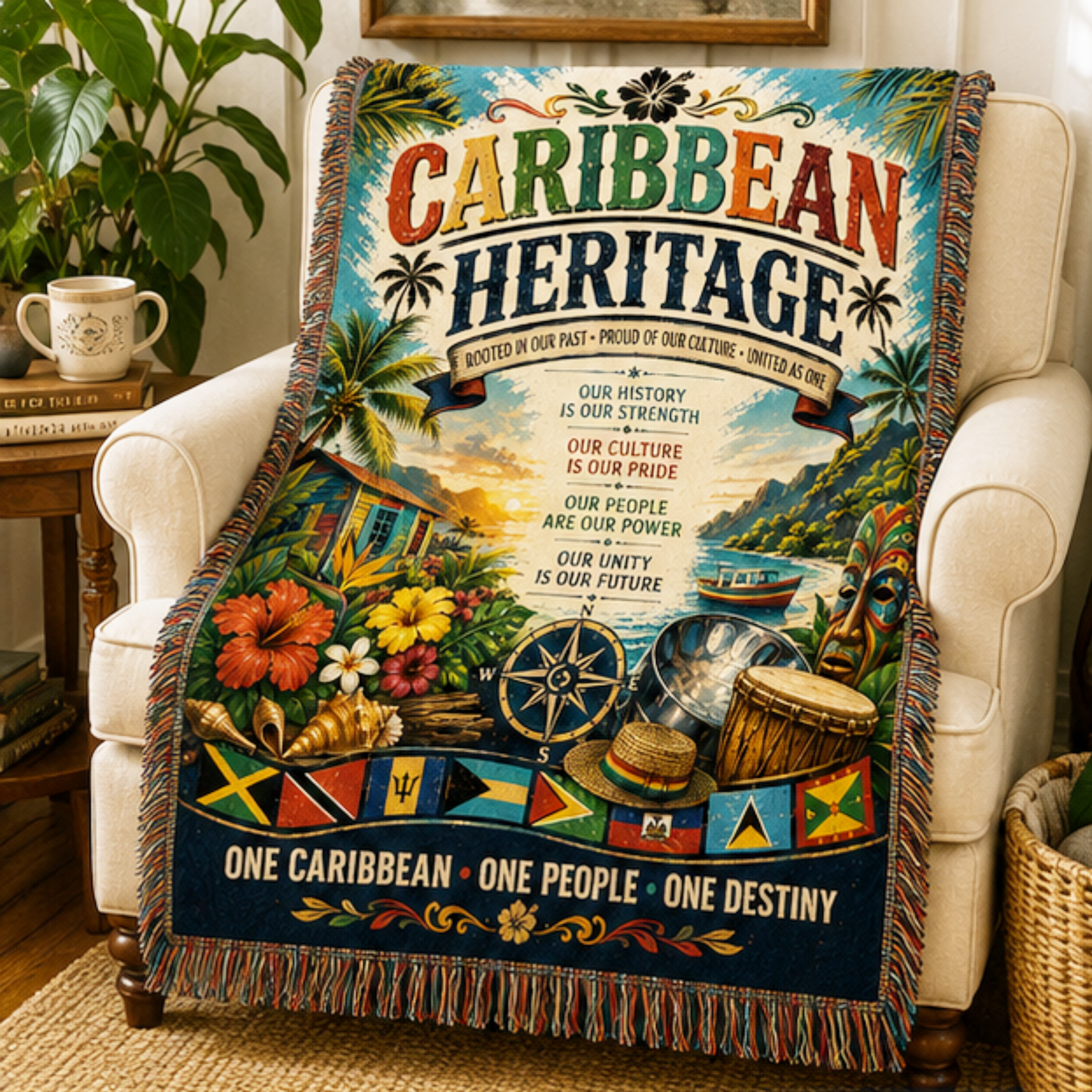 Caribbean Heritage Woven Blanket | Caribbean Culture Throw Blanket | Island Home Décor | Heritage Wall Tapestry | Cultural Gift
