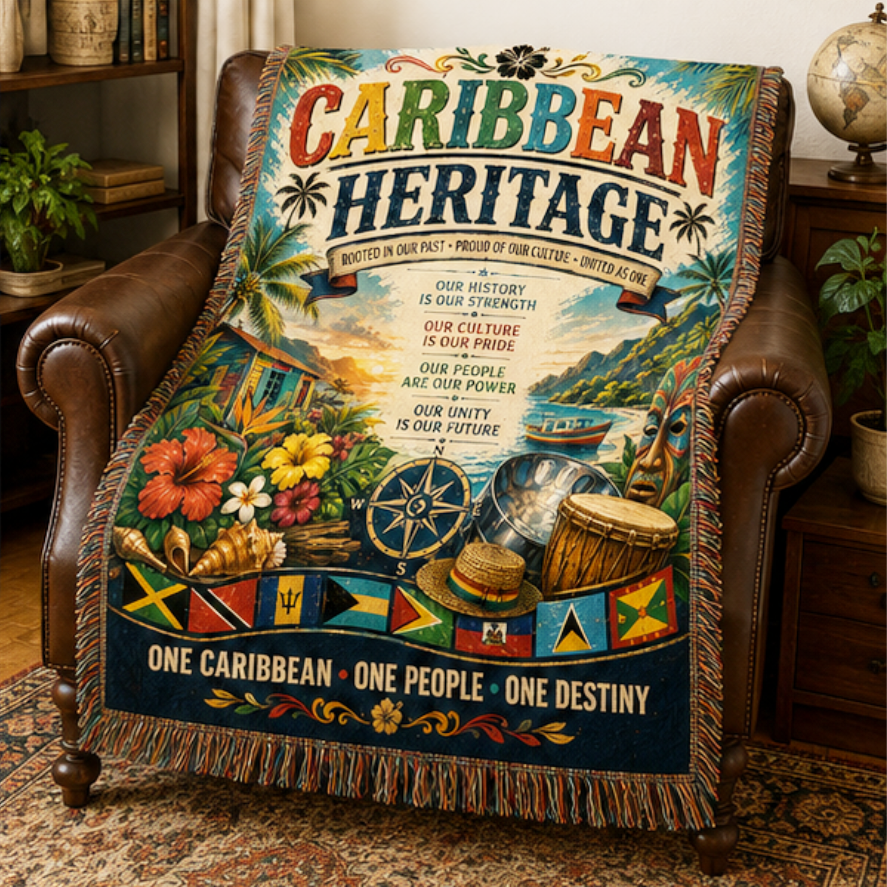 Caribbean Heritage woven blanket featuring tropical island scenery, Caribbean flags, steel pan, drum, compass rose, palm trees, colorful flowers, and inspiring messages of Caribbean unity displayed in elegant home settings.