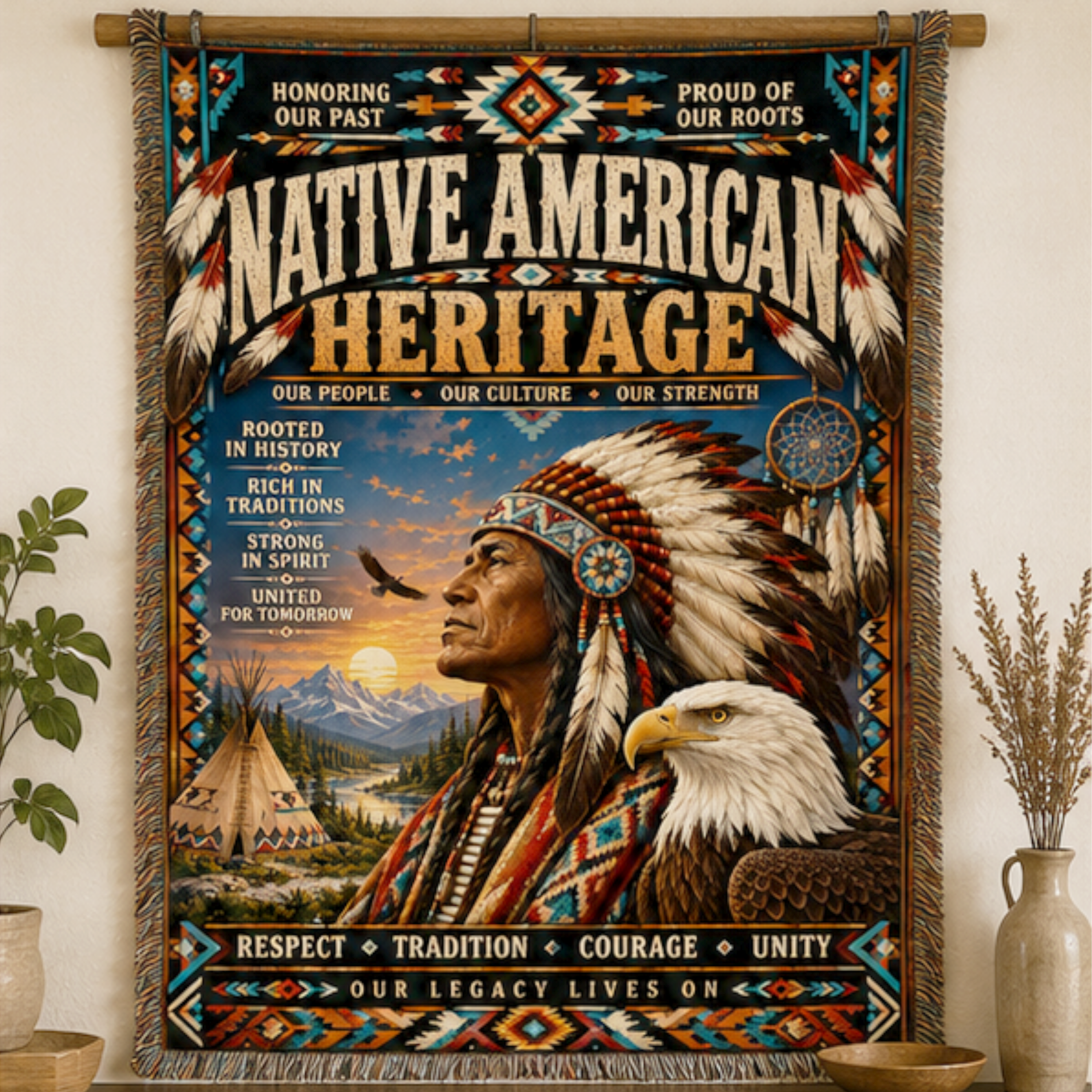 Native American Heritage woven blanket featuring a traditional headdress, bald eagle, dreamcatcher, tipi, mountain landscape, tribal geometric patterns, and inspirational messages displayed in rustic home settings.