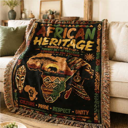 African Heritage premium woven cotton blanket featuring African-inspired artwork, cultural symbols, and the message "Rooted in the Past, Proud in the Present, Strong in the Future."