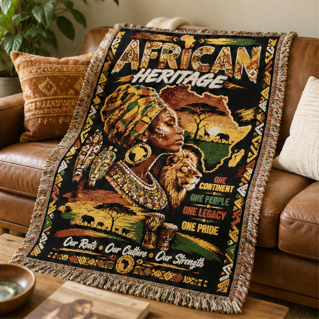 Premium African Heritage woven cotton blanket featuring an African queen, lion, traditional masks, the African continent, and the inspirational message "One Continent • One People • One Legacy • One Pride."