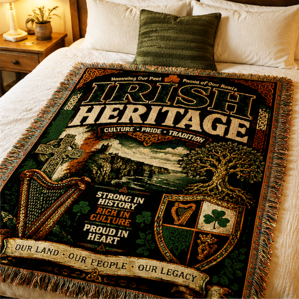 Irish Heritage Woven Throw Blanket – Vintage Celtic Pub Label Design