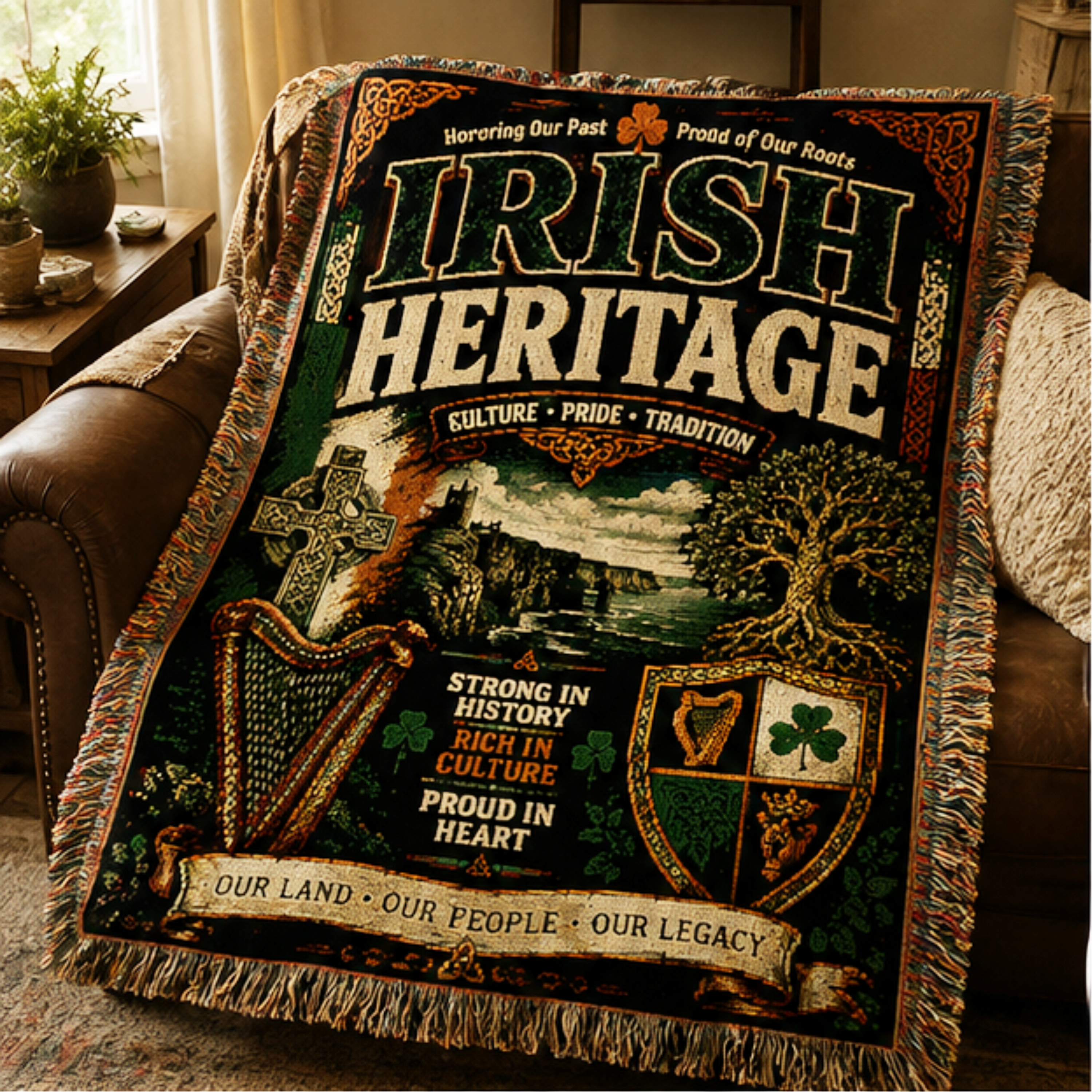 Irish Heritage Woven Throw Blanket – Vintage Celtic Pub Label Design