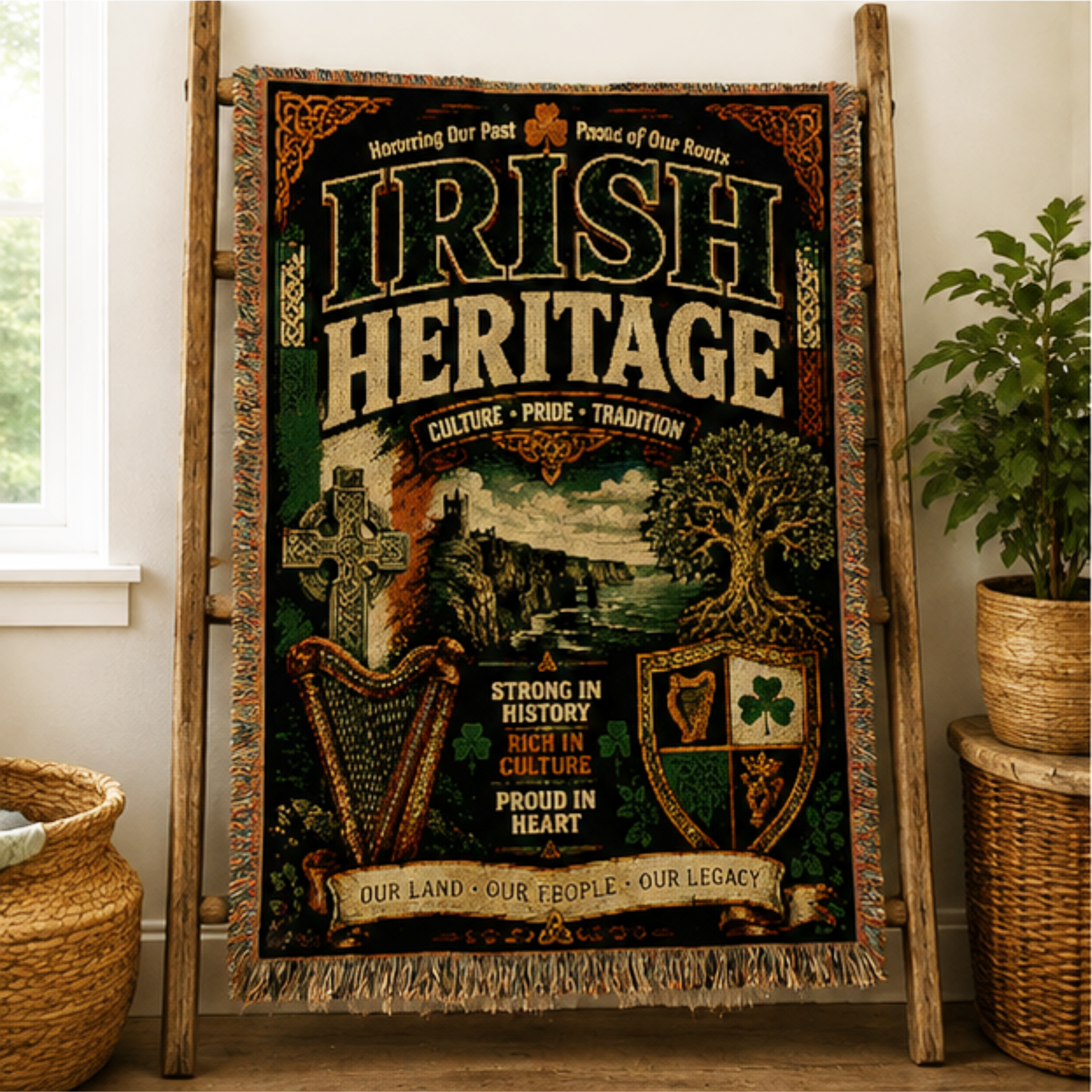 Irish Heritage Woven Throw Blanket – Vintage Celtic Pub Label Design
