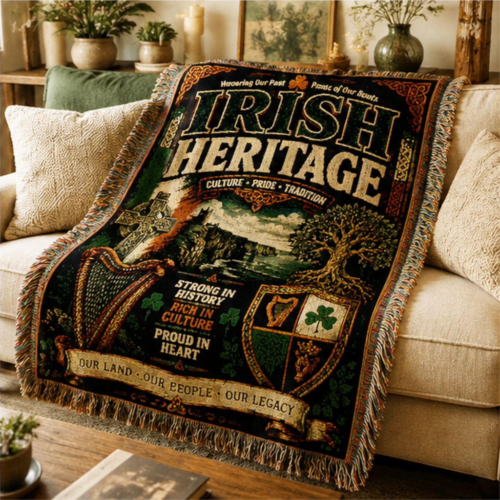 Irish Heritage Woven Throw Blanket – Vintage Celtic Pub Label Design