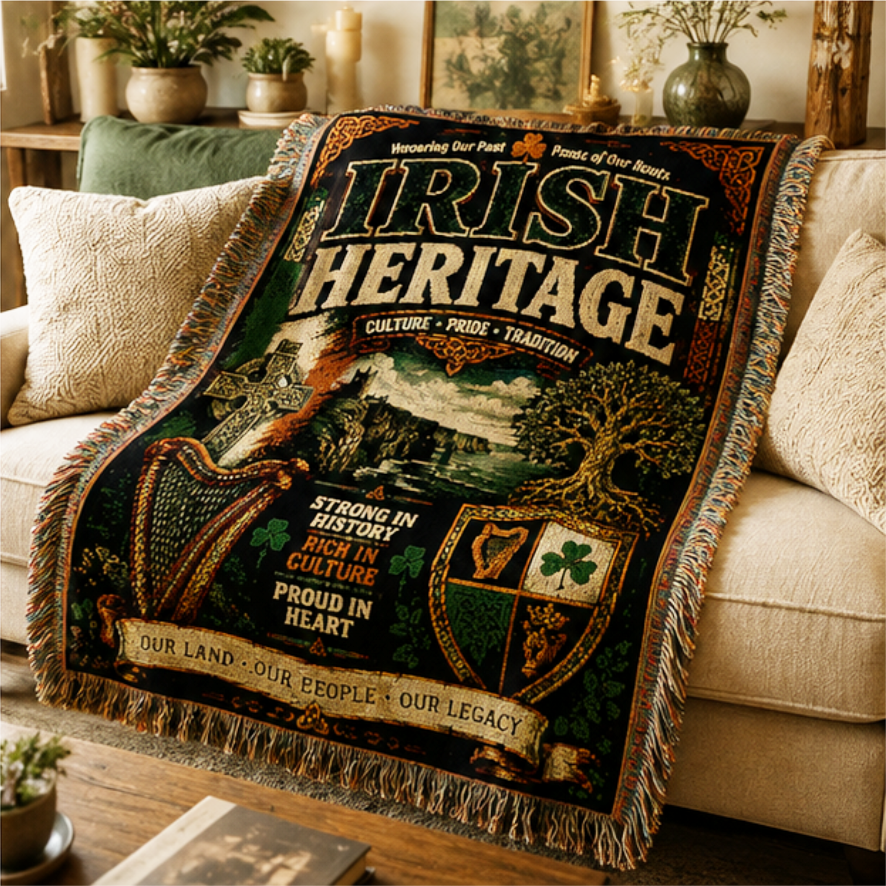 Irish Heritage Woven Throw Blanket – Vintage Celtic Pub Label Design