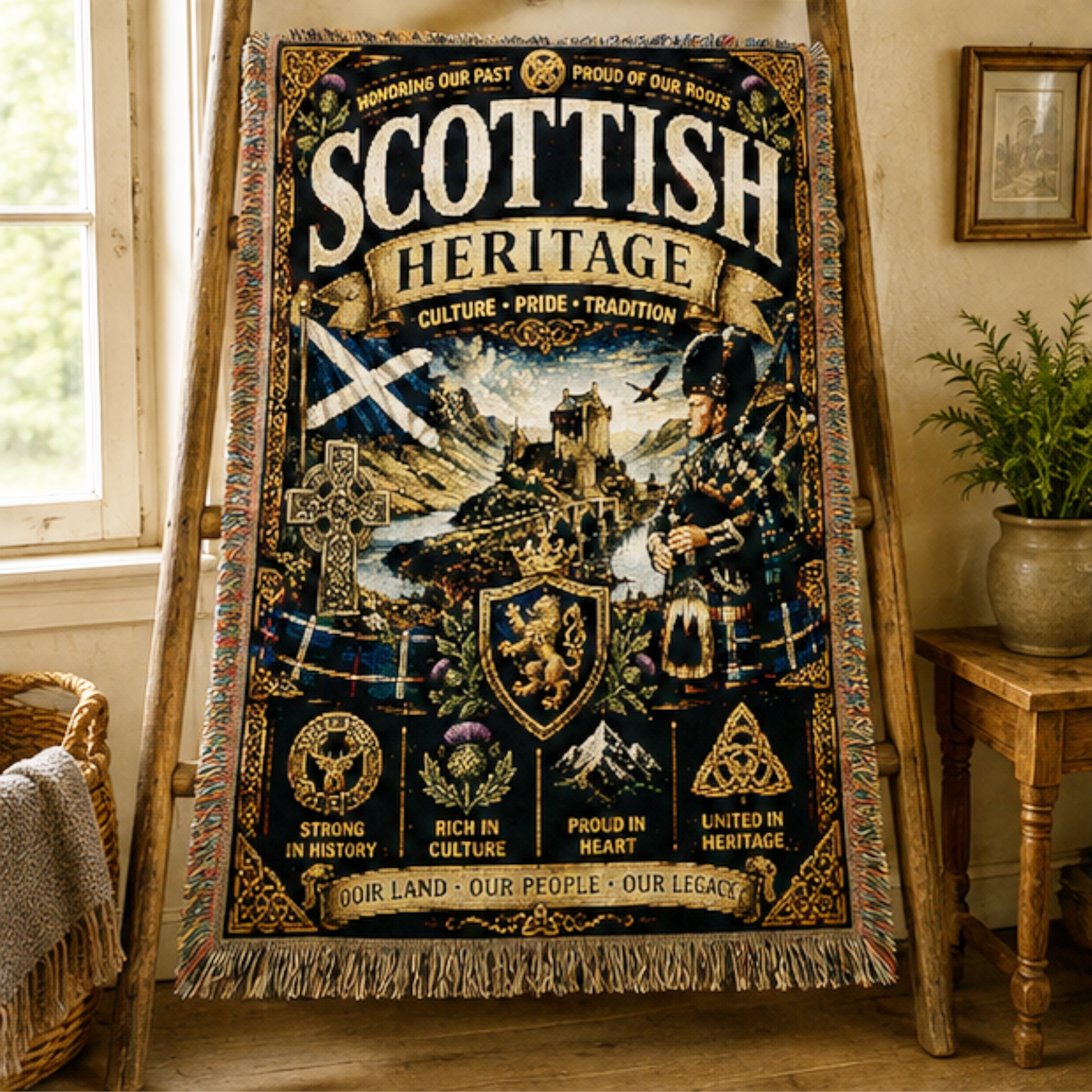Premium Scottish Heritage woven cotton blanket featuring the Saltire flag, Highland castle, Celtic cross, Highland piper, rampant lion crest, thistles, and Celtic symbols celebrating Scottish culture, pride, and tradition.