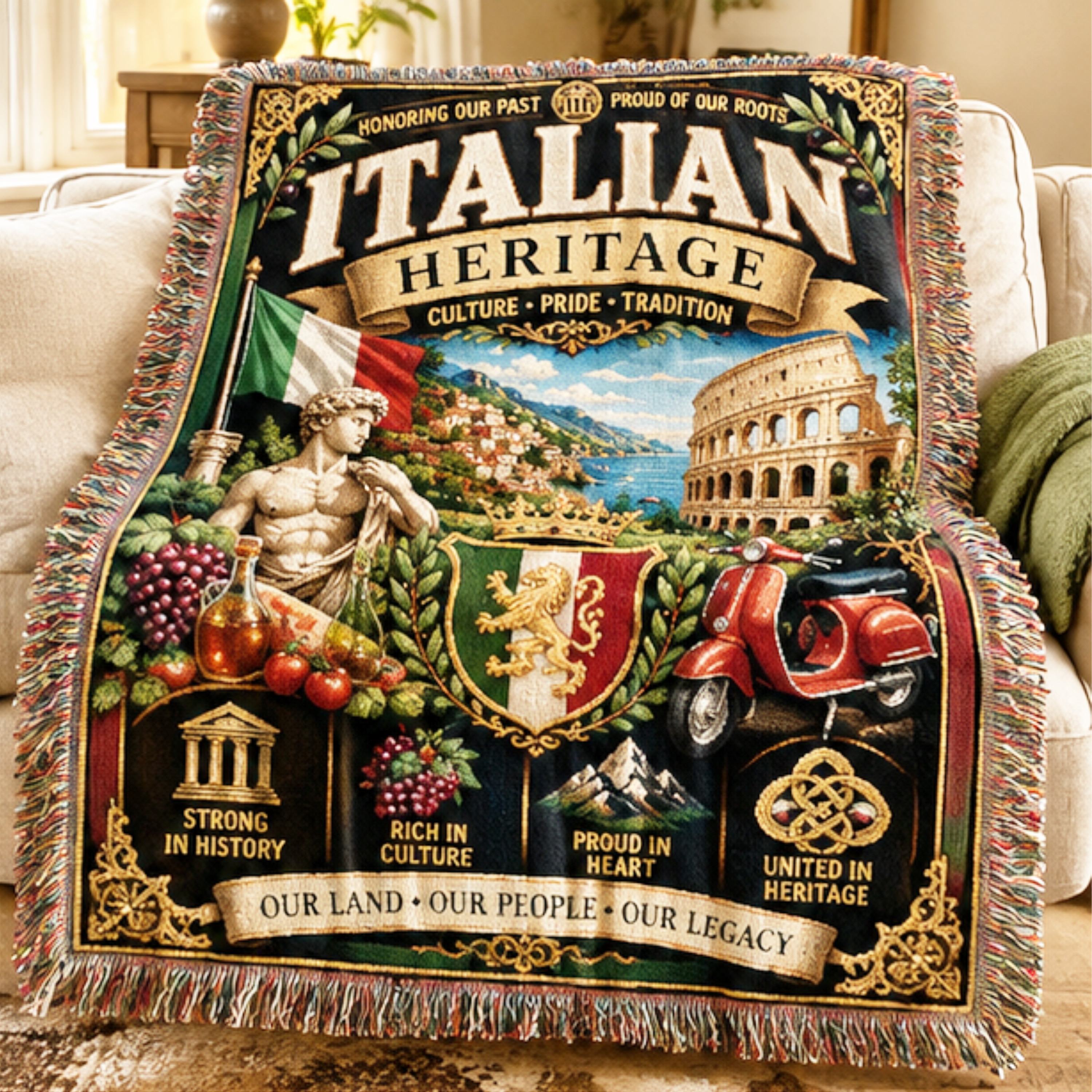 Premium Italian Heritage woven cotton blanket featuring the Italian flag, Colosseum, Amalfi Coast, classical statue, Vespa, vineyards, olive branches, and symbols celebrating Italian culture, pride, and tradition.