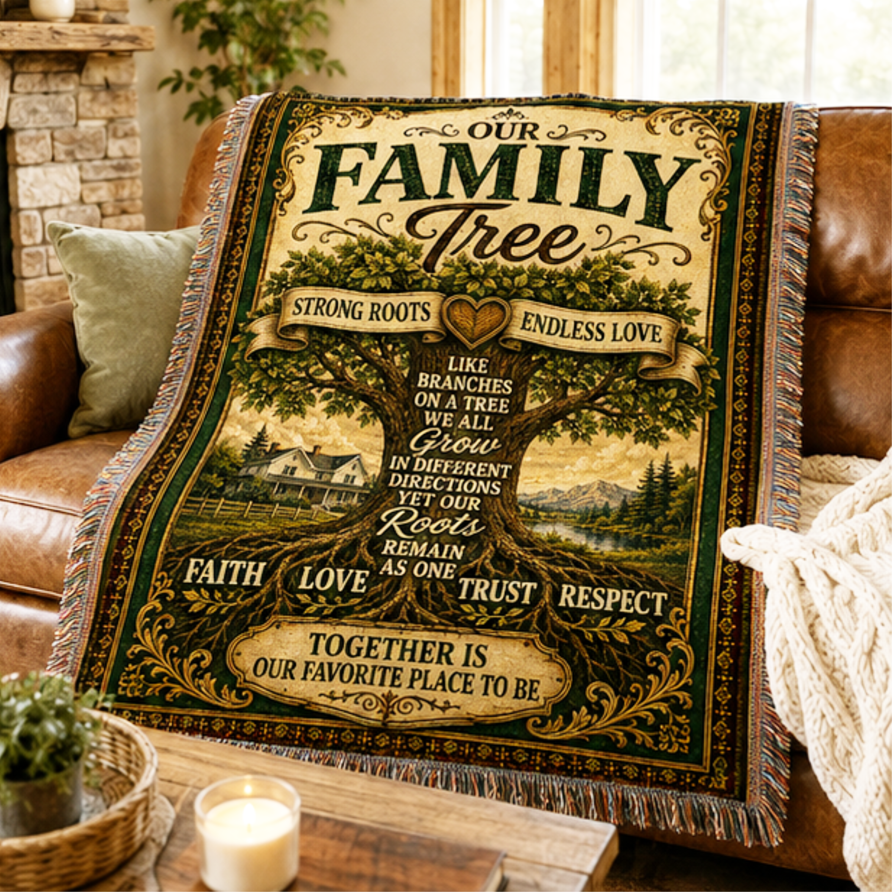 Our Family Tree Woven Blanket | Strong Roots, Endless Love | Premium Cotton Throw