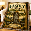Premium woven cotton Family Tree blanket featuring a majestic tree with strong roots, the inspirational message "Strong Roots, Endless Love," and meaningful words including Faith, Love, Trust, and Respect, designed as an heirloom-quality decorative throw for family homes.