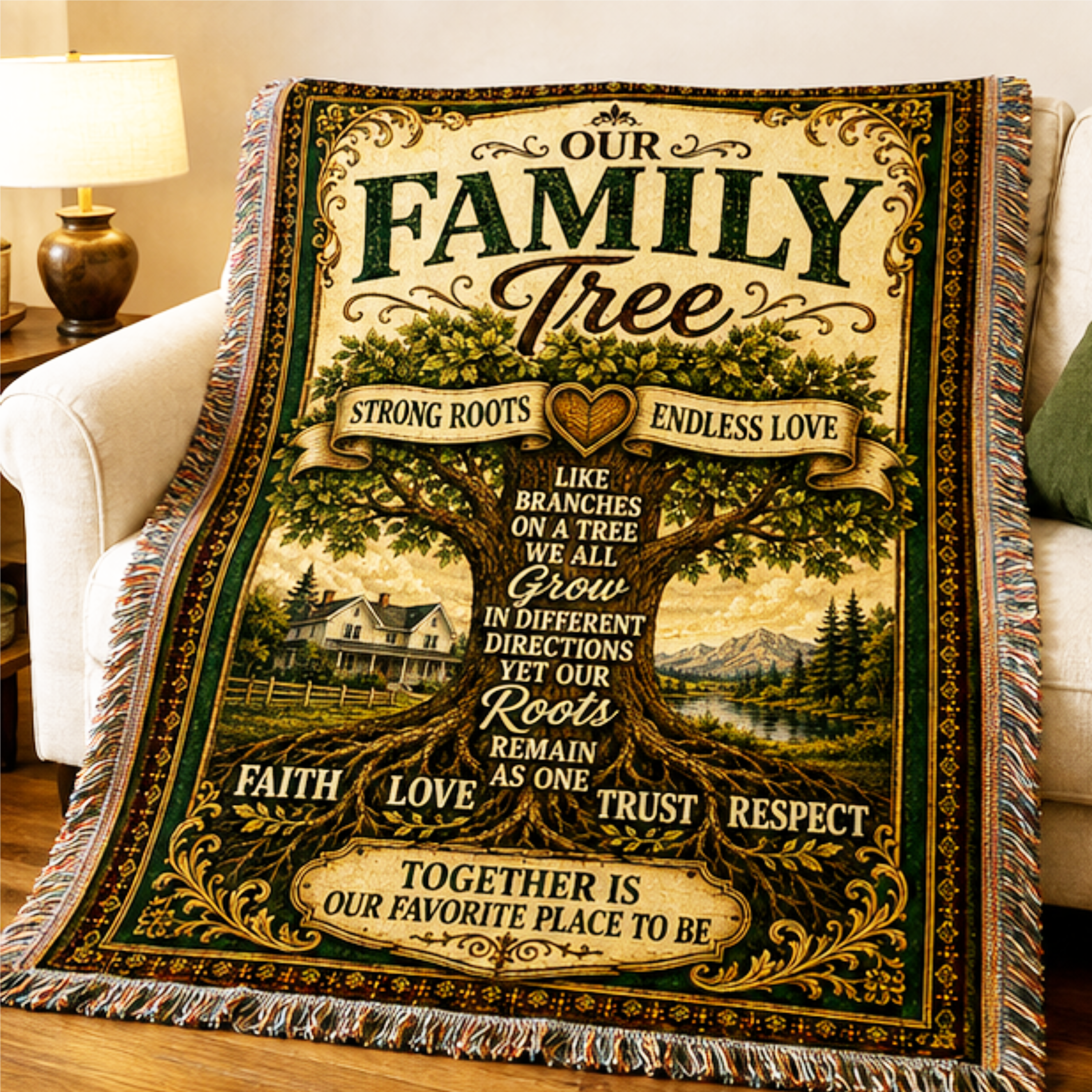 Premium woven cotton Family Tree blanket featuring a majestic tree with strong roots, the inspirational message "Strong Roots, Endless Love," and meaningful words including Faith, Love, Trust, and Respect, designed as an heirloom-quality decorative throw for family homes.