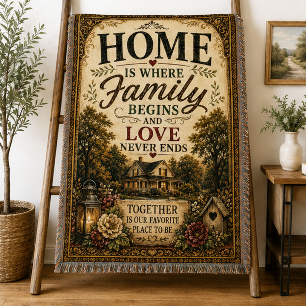 Home Is Where Family Begins Woven Blanket | Premium Cotton Throw