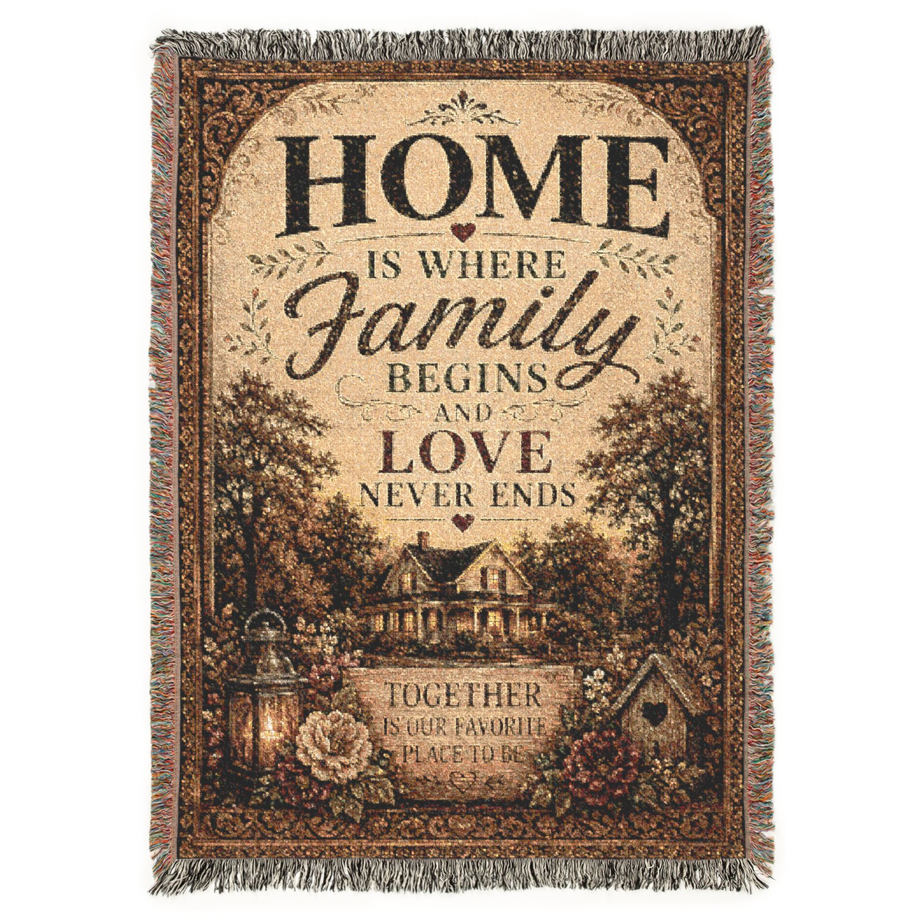 Premium woven cotton blanket featuring the inspirational quote "Home Is Where Family Begins and Love Never Ends," with a charming farmhouse, warm floral accents, rustic lantern, birdhouse, and elegant vintage-style artwork, designed as an heirloom-quality decorative throw for family homes.