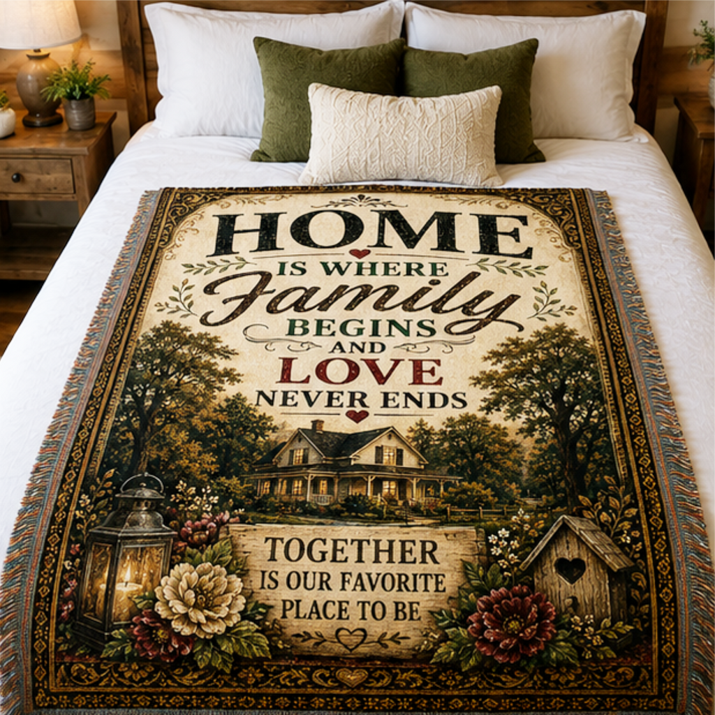 Home Is Where Family Begins Woven Blanket | Premium Cotton Throw