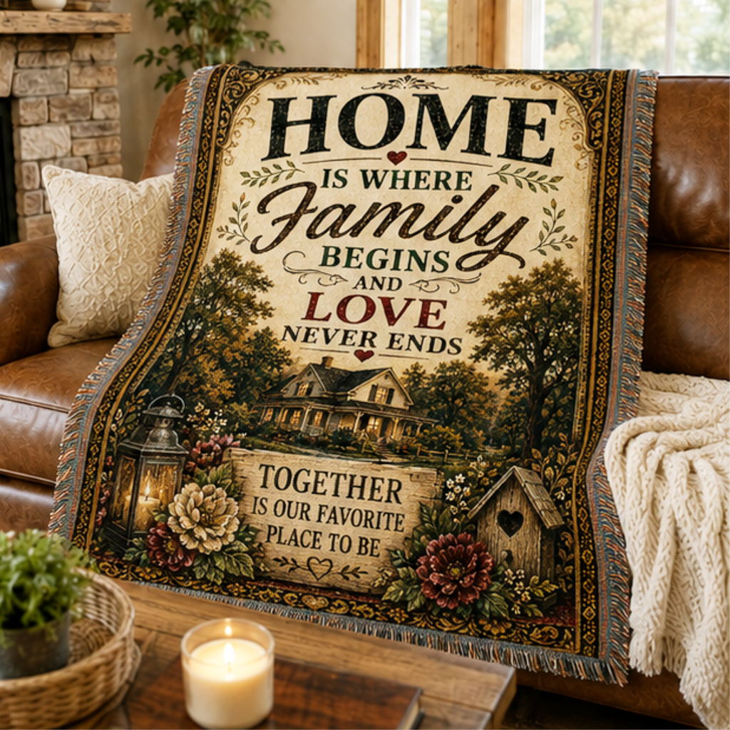 Home Is Where Family Begins Woven Blanket | Premium Cotton Throw