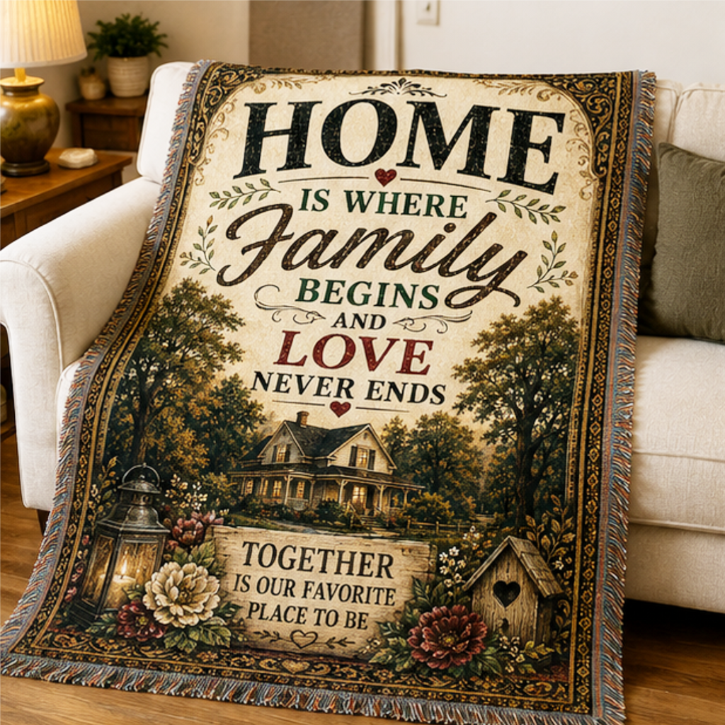 Home Is Where Family Begins Woven Blanket | Premium Cotton Throw