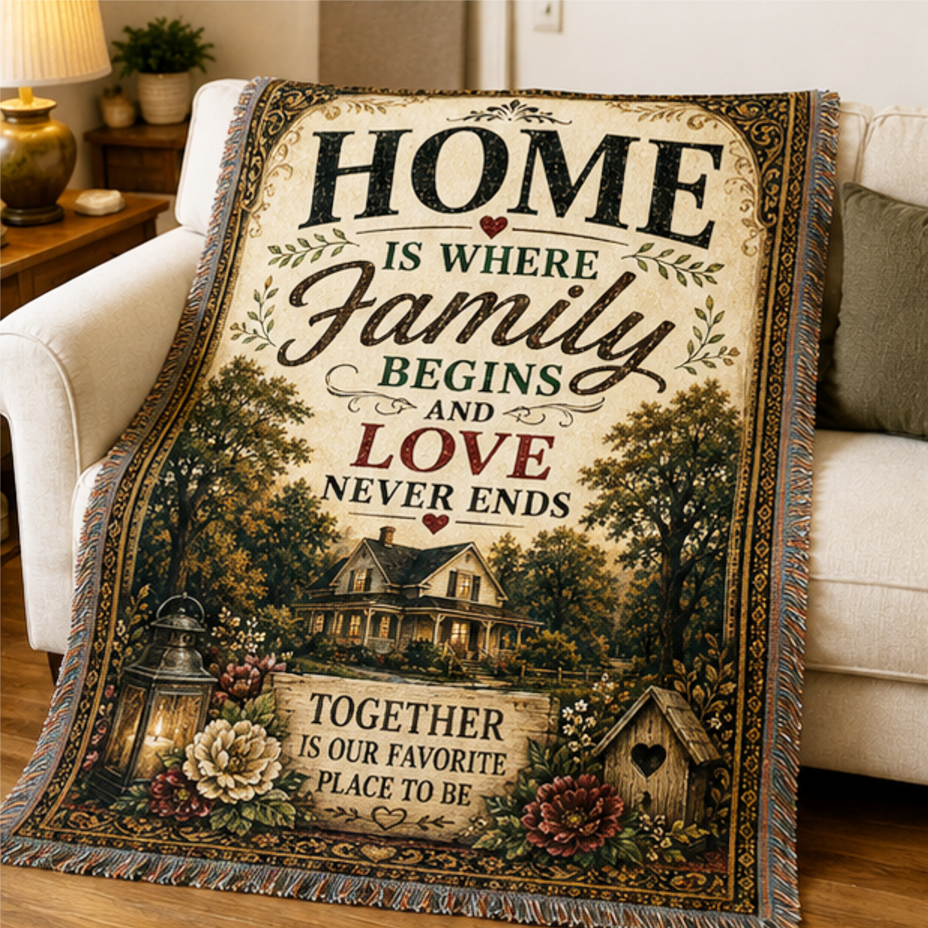 Home Is Where Family Begins Woven Blanket | Premium Cotton Throw