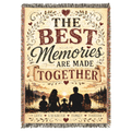 Premium woven cotton blanket featuring the inspirational message "The Best Memories Are Made Together," with a family silhouette at sunset by a peaceful lake, surrounded by rustic floral accents and decorative typography. Perfect for family home décor, housewarmings, anniversaries, and meaningful gifts.