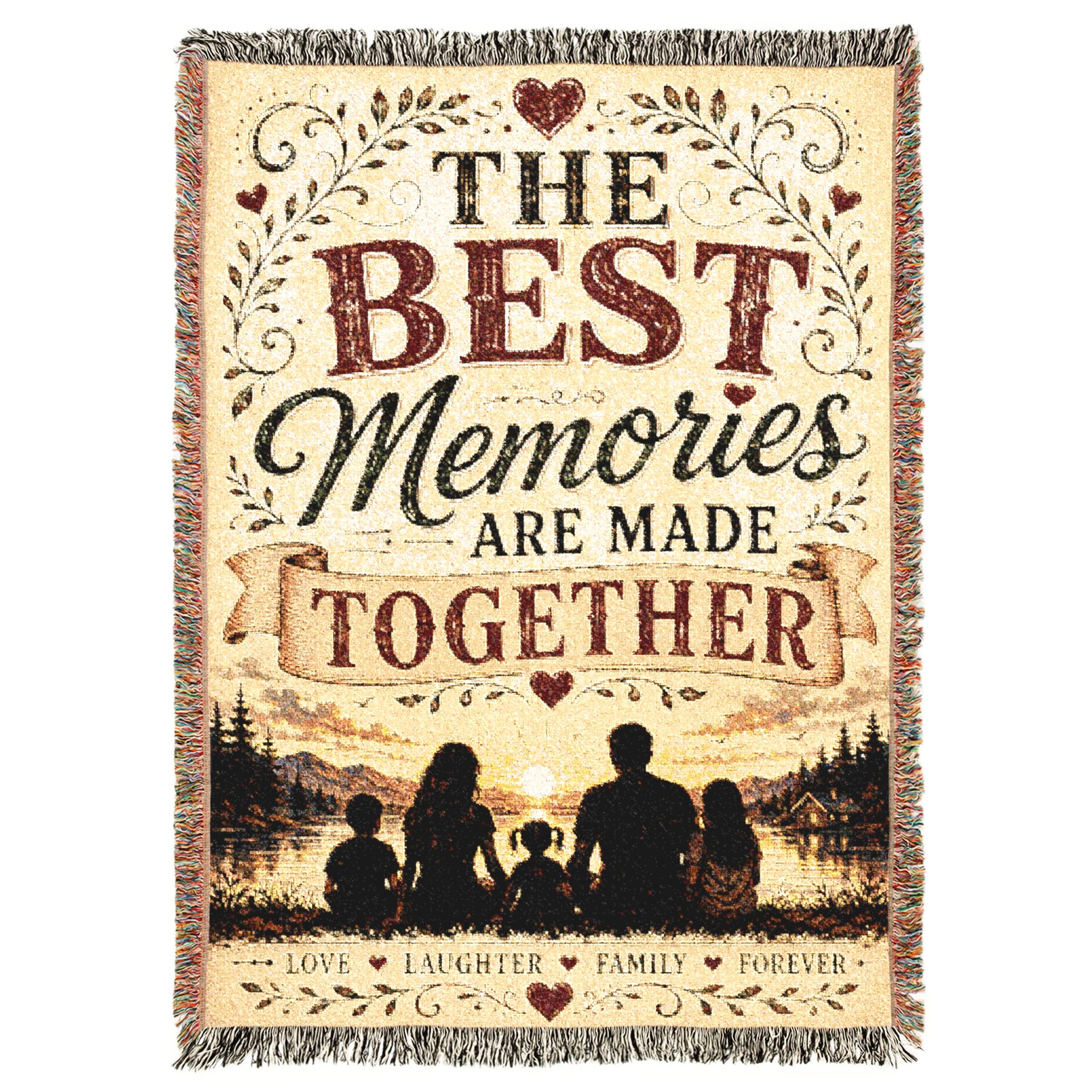 Premium woven cotton blanket featuring the inspirational message "The Best Memories Are Made Together," with a family silhouette at sunset by a peaceful lake, surrounded by rustic floral accents and decorative typography. Perfect for family home décor, housewarmings, anniversaries, and meaningful gifts.