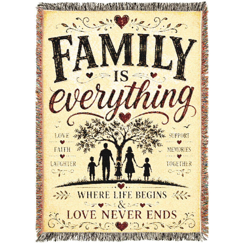 Celebrate the love that holds every family together with our Family Is Everything premium woven cotton blanket. Featuring a beautiful family silhouette beneath a tree and the heartfelt message, "Where Life Begins & Love Never Ends," this heirloom-quality woven throw adds warmth, comfort, and timeless style to any living room or bedroom. Perfect for housewarmings, weddings, anniversaries, Mother's Day, Father's Day, Christmas, and meaningful family gifts.